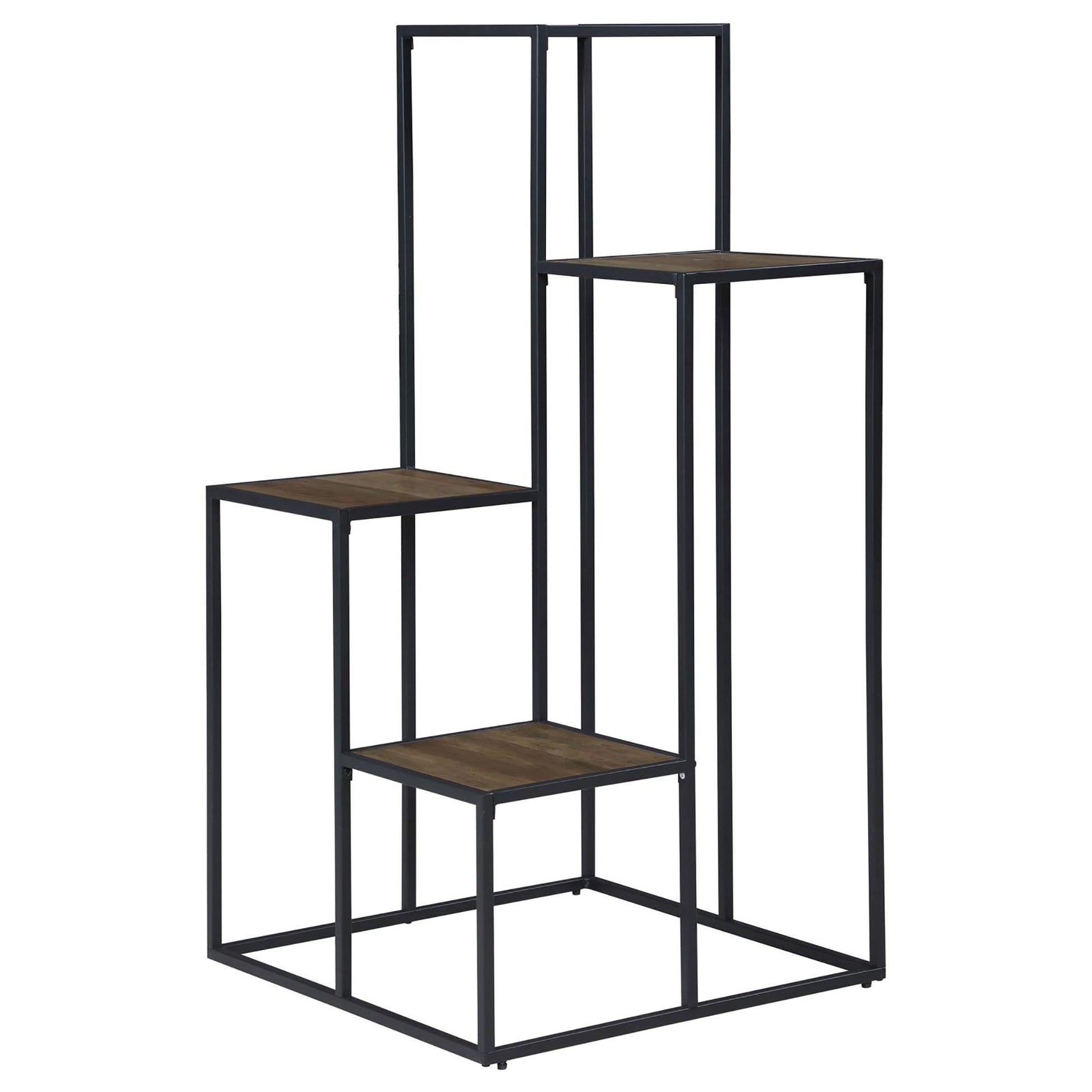 Black metal tiered plant stand with wood shelves