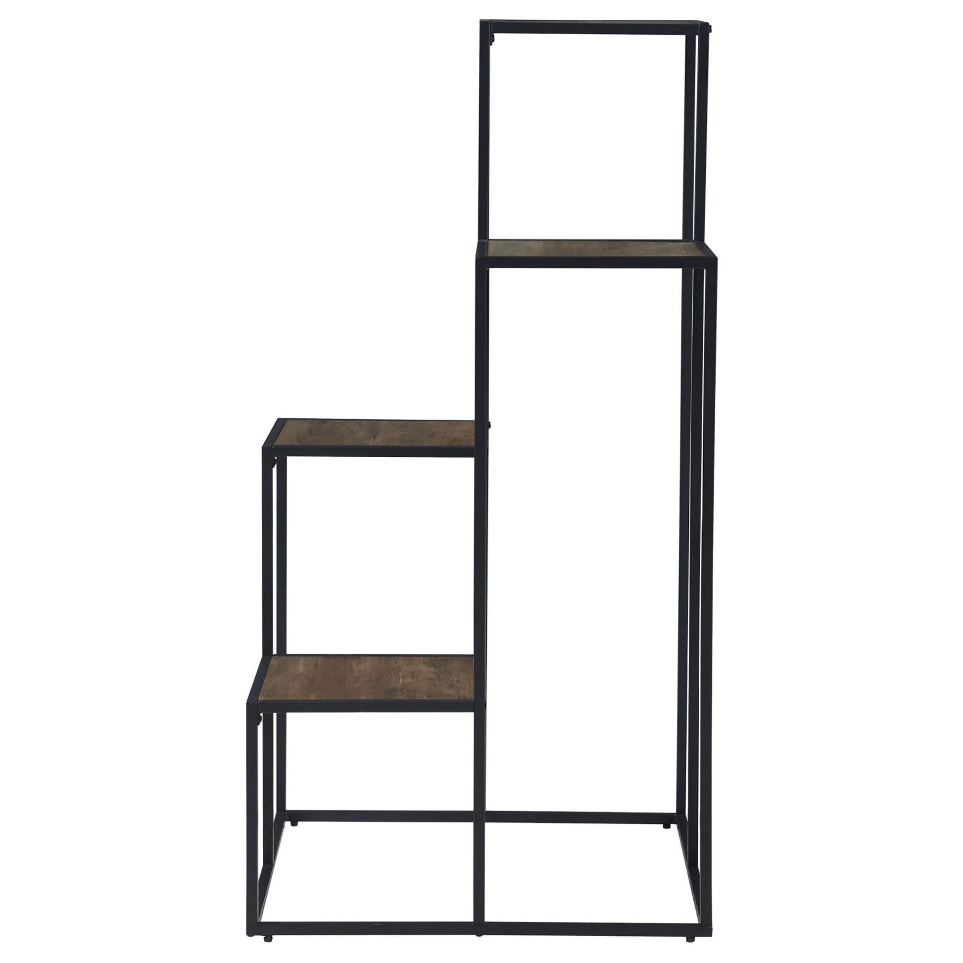 Black metal tiered plant stand with rustic wood shelves