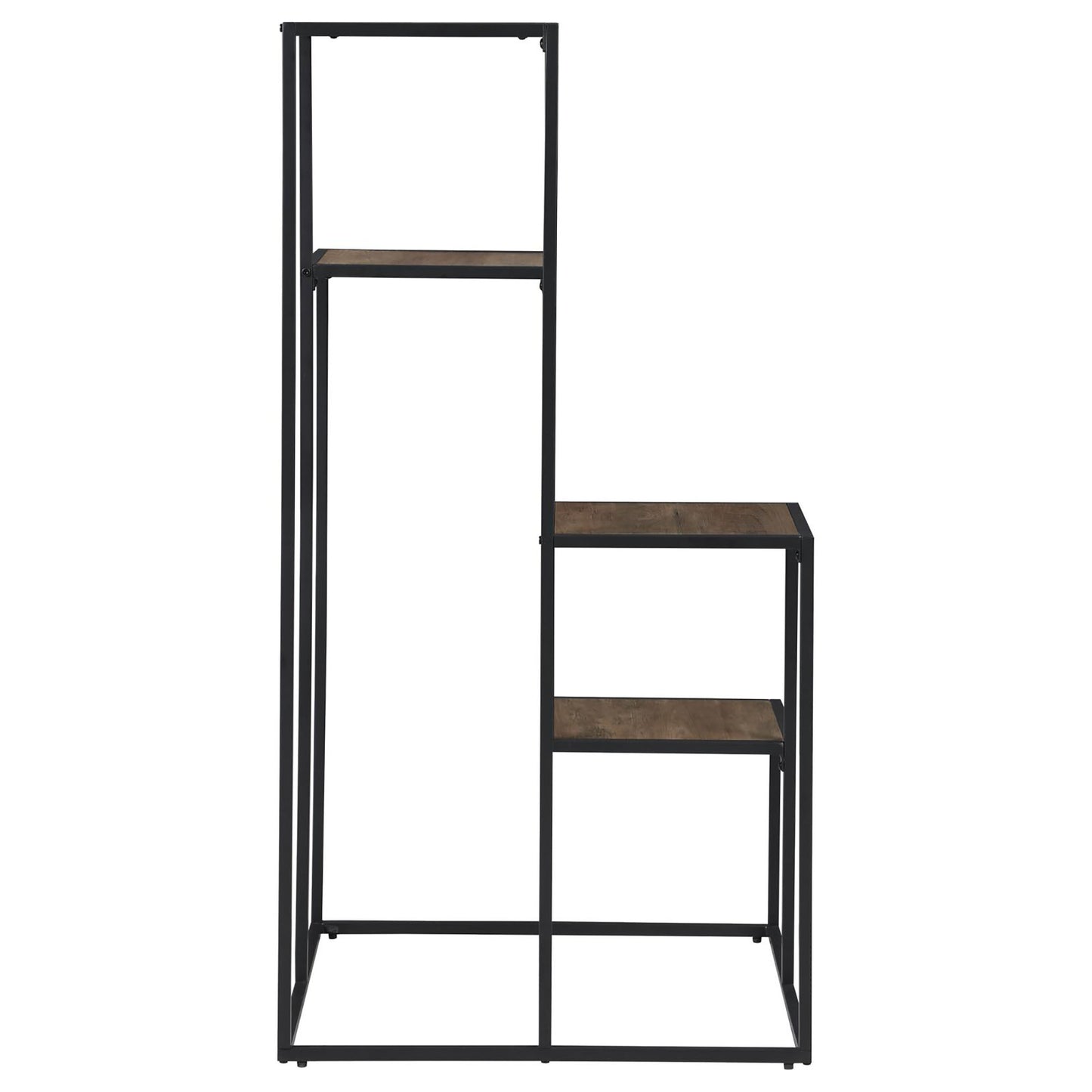 Industrial style bookshelf with black metal frame and wood shelves