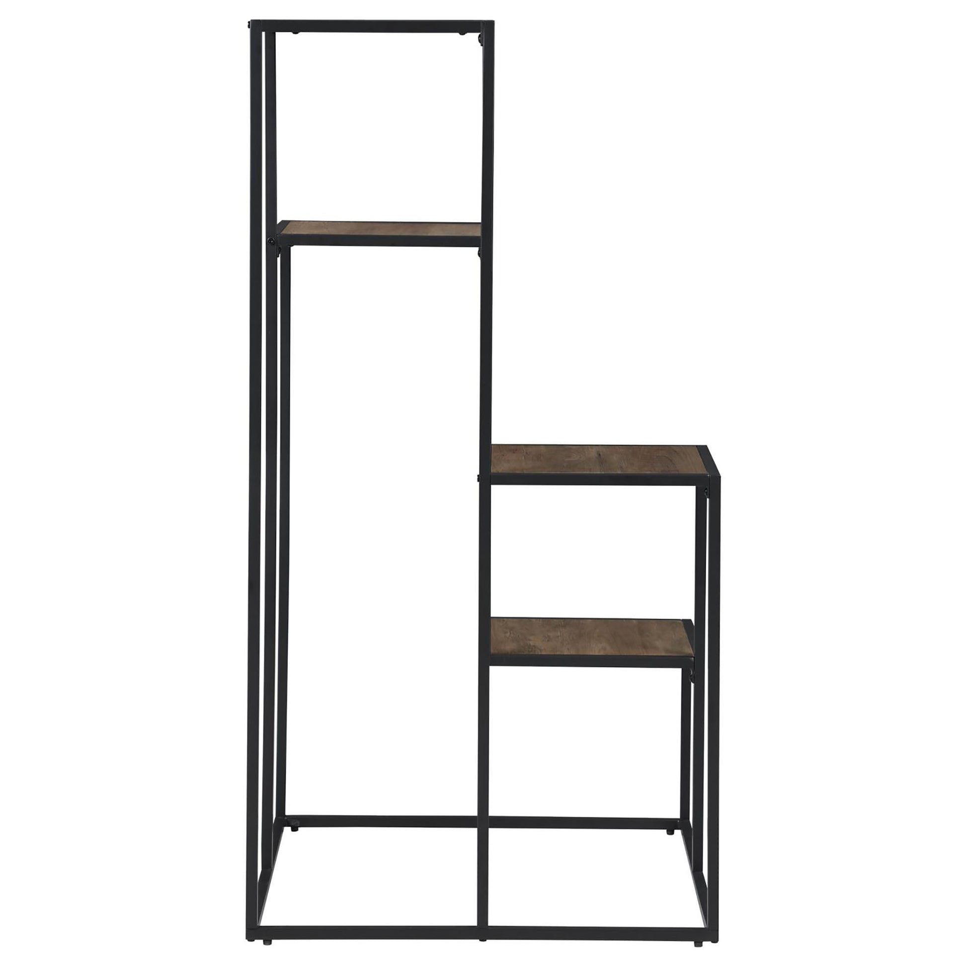 Industrial style bookshelf with black metal frame and wood shelves