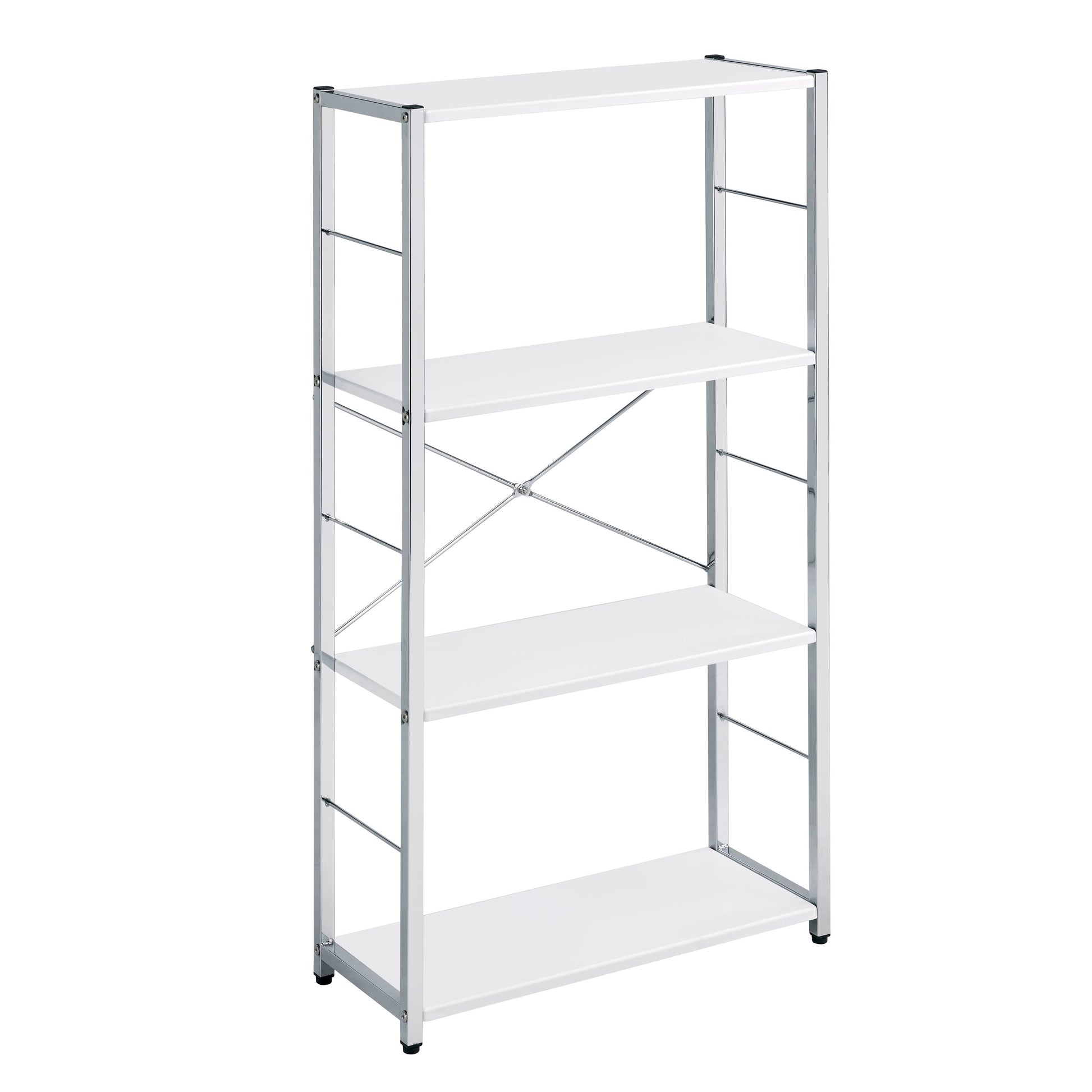 White tier metal shelving unit with silver frame and Xbraced back