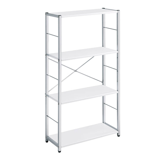 White tier metal shelving unit with silver frame and Xbraced back