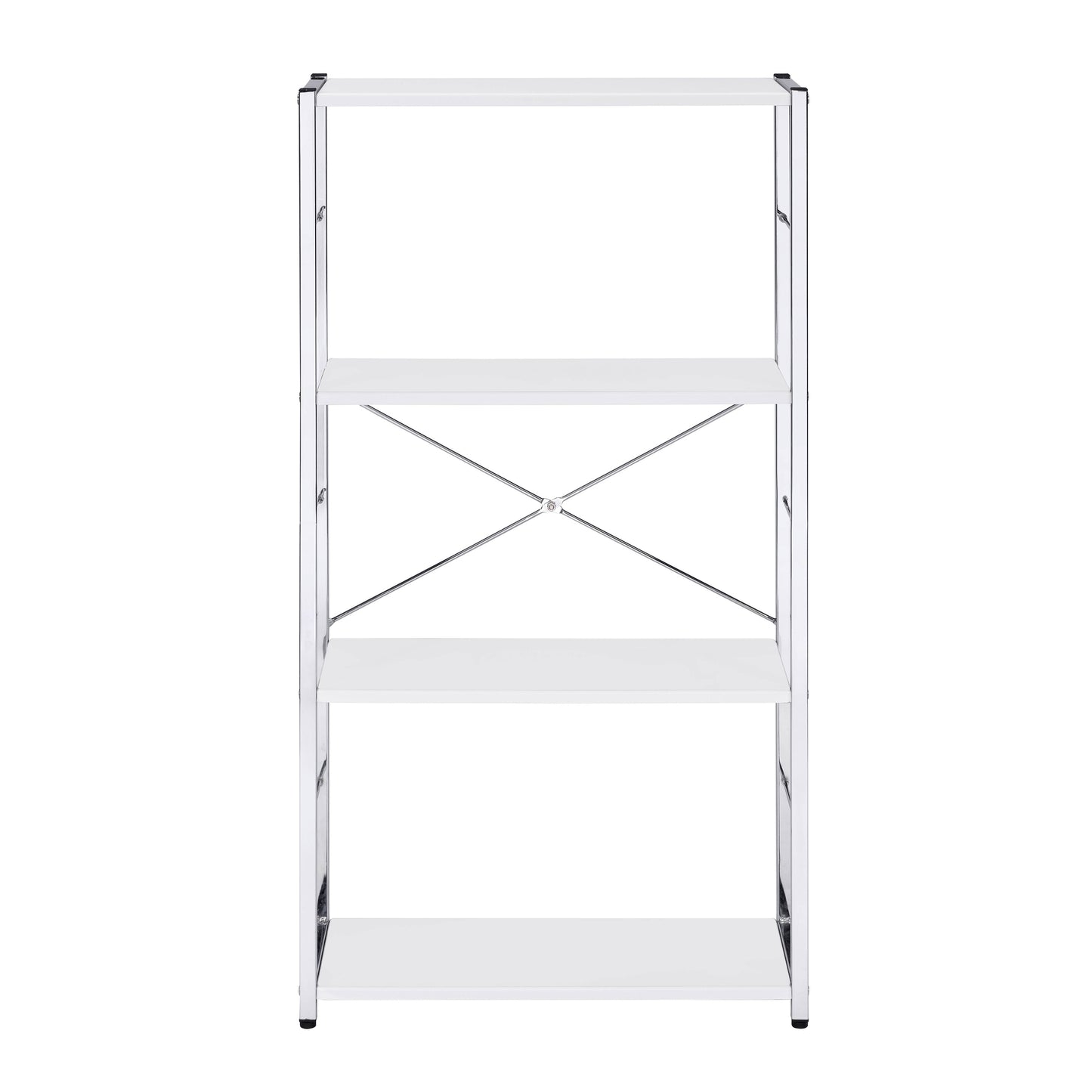 Fourshelf white bookcase with silver metal frame