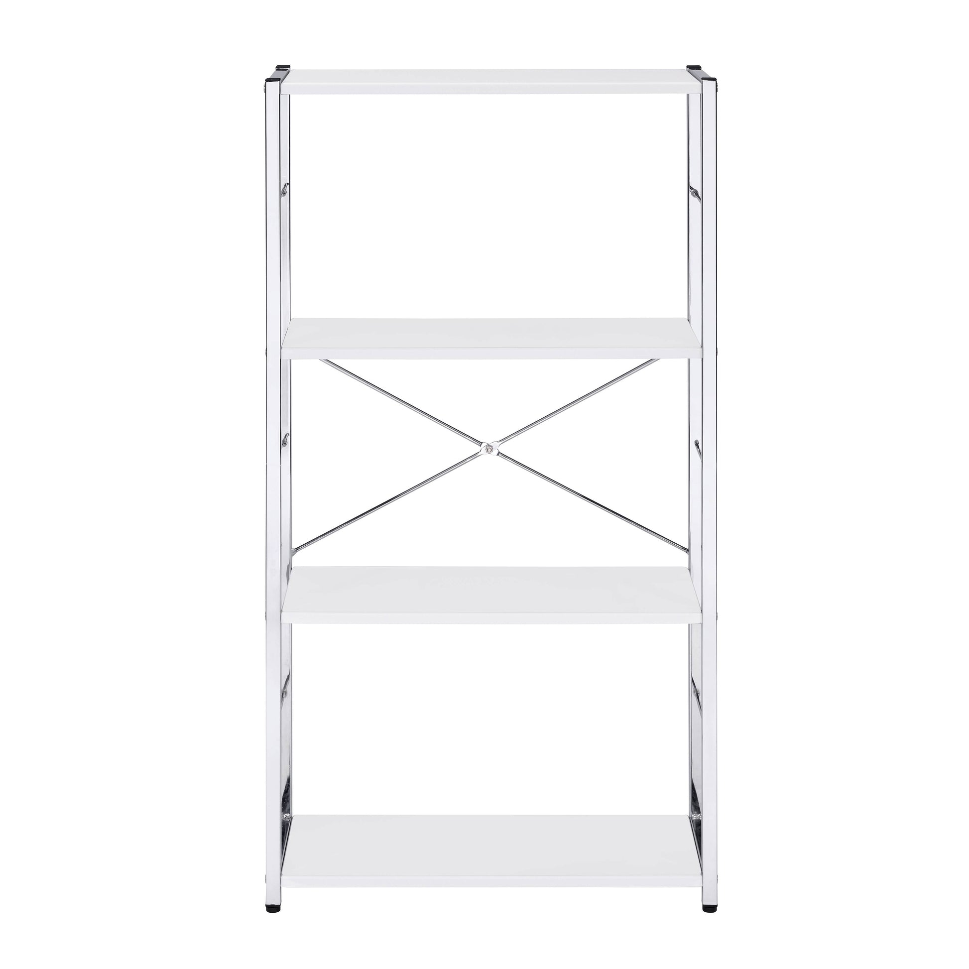 Fourshelf white bookcase with silver metal frame