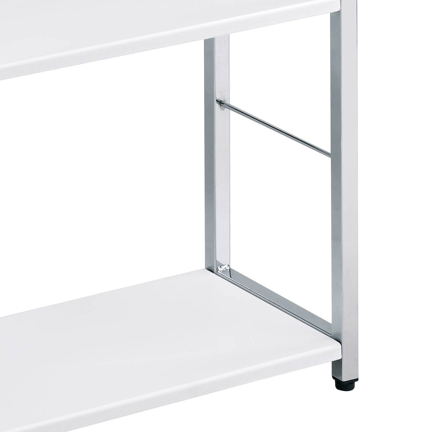 White metal shelving unit with two white shelves and silver legs