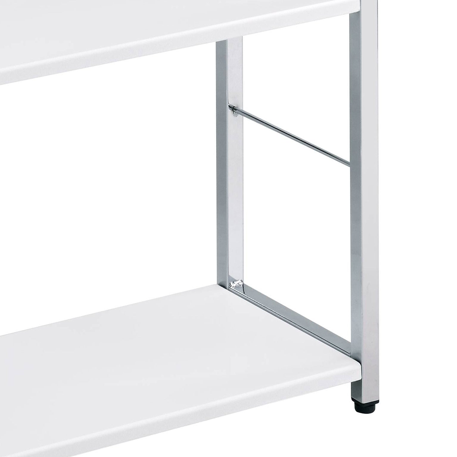 White metal shelving unit with two white shelves and silver legs