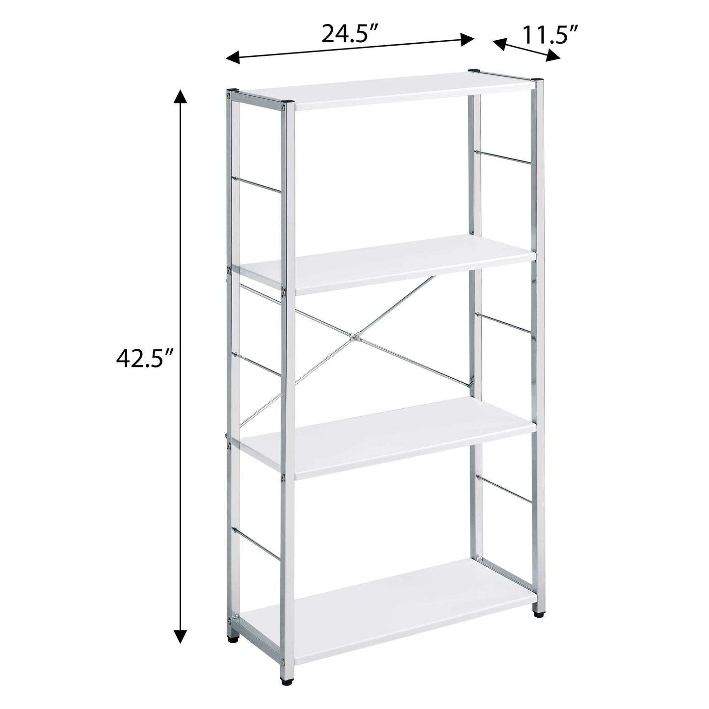 White fourtier metal shelving unit with silver frame and white shelves