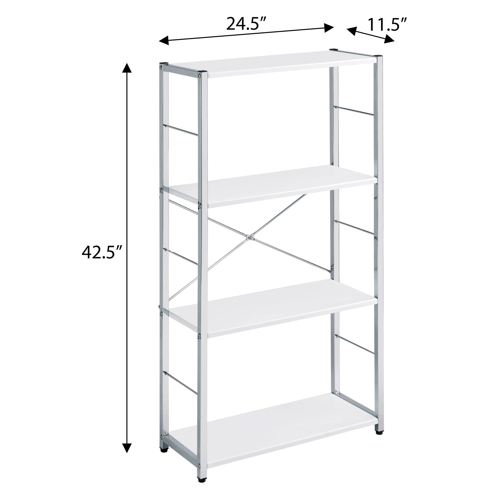 White fourtier metal shelving unit with silver frame and white shelves