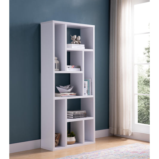 White modern bookshelf with varied shelf sizes