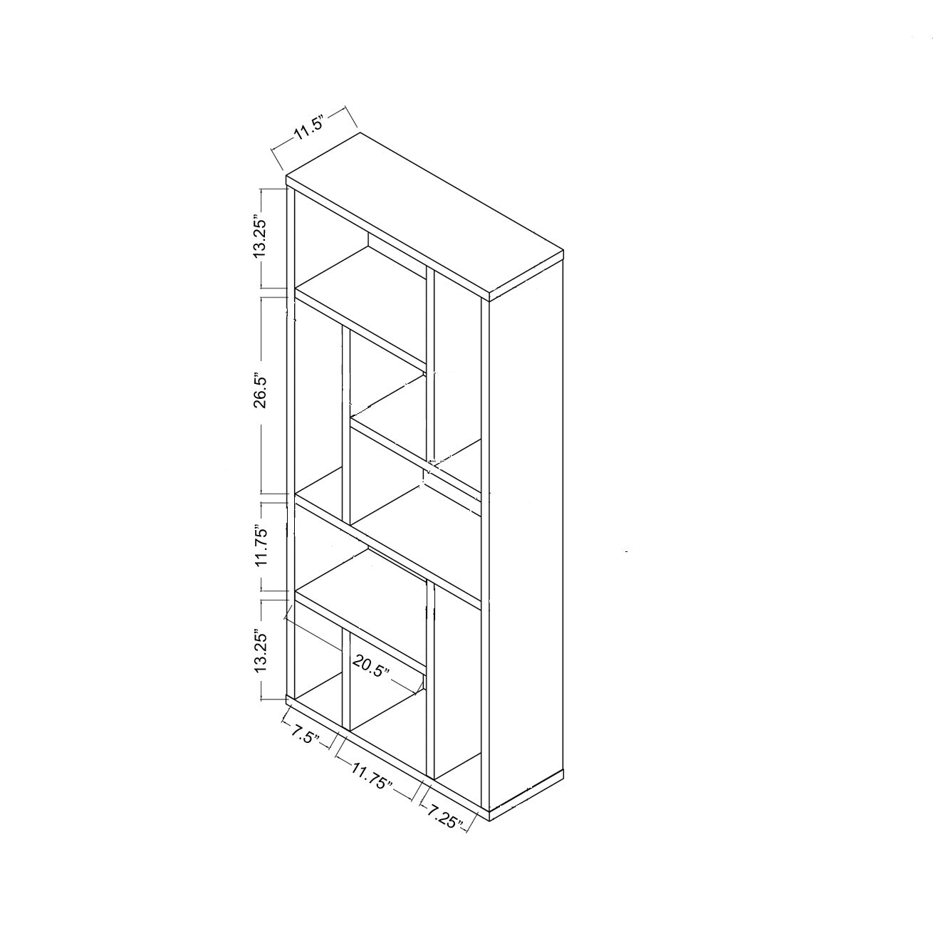 Line drawing of a modern geometric bookshelf with multiple open compartments and shelf dimensions