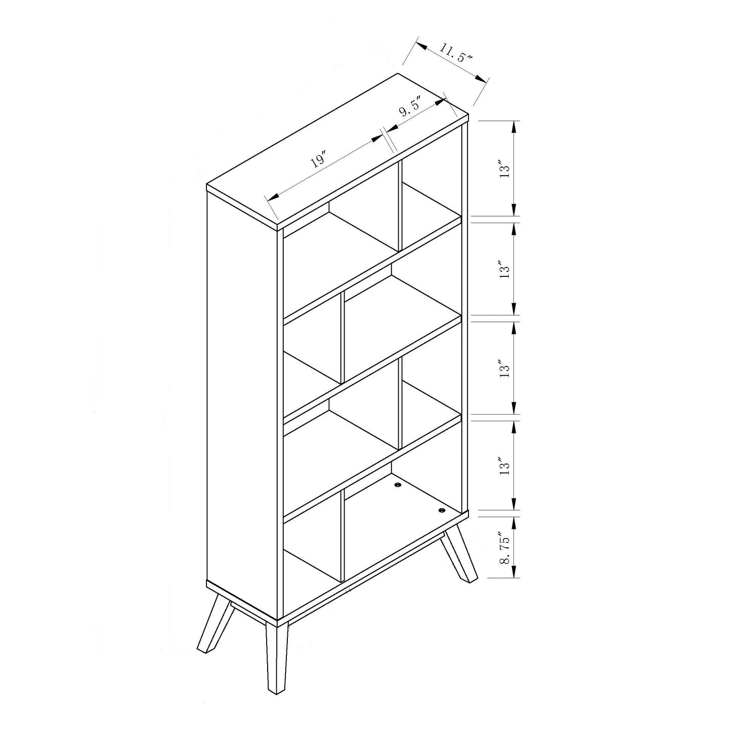 Line drawing of a modern bookcase with angled legs showcasing dimensions for shelf height and width