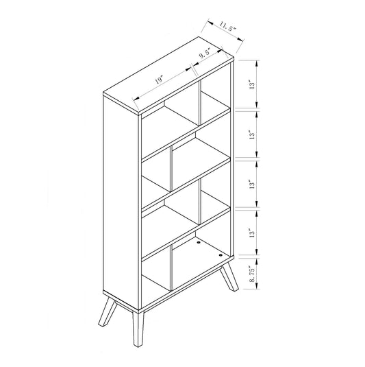 Line drawing of a modern bookcase with angled legs showcasing dimensions for shelf height and width