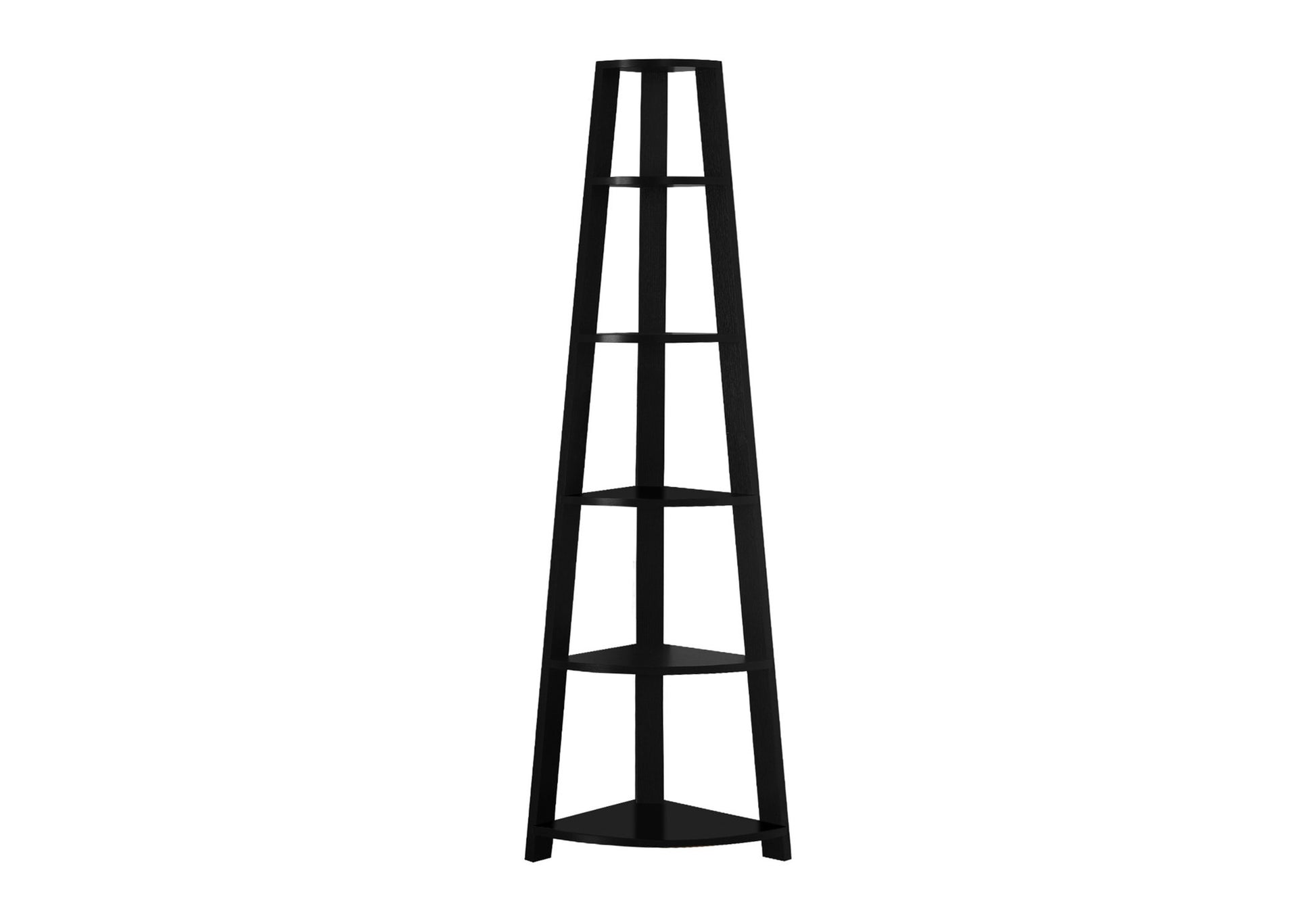 Black corner bookshelf with  shelves and a triangular base