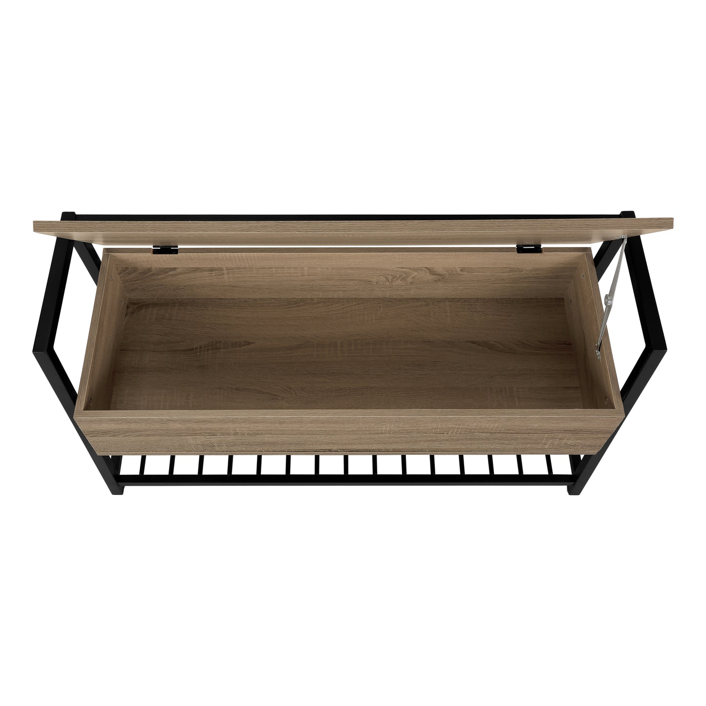 Wooden storage bench with open lifttop and black metal frame