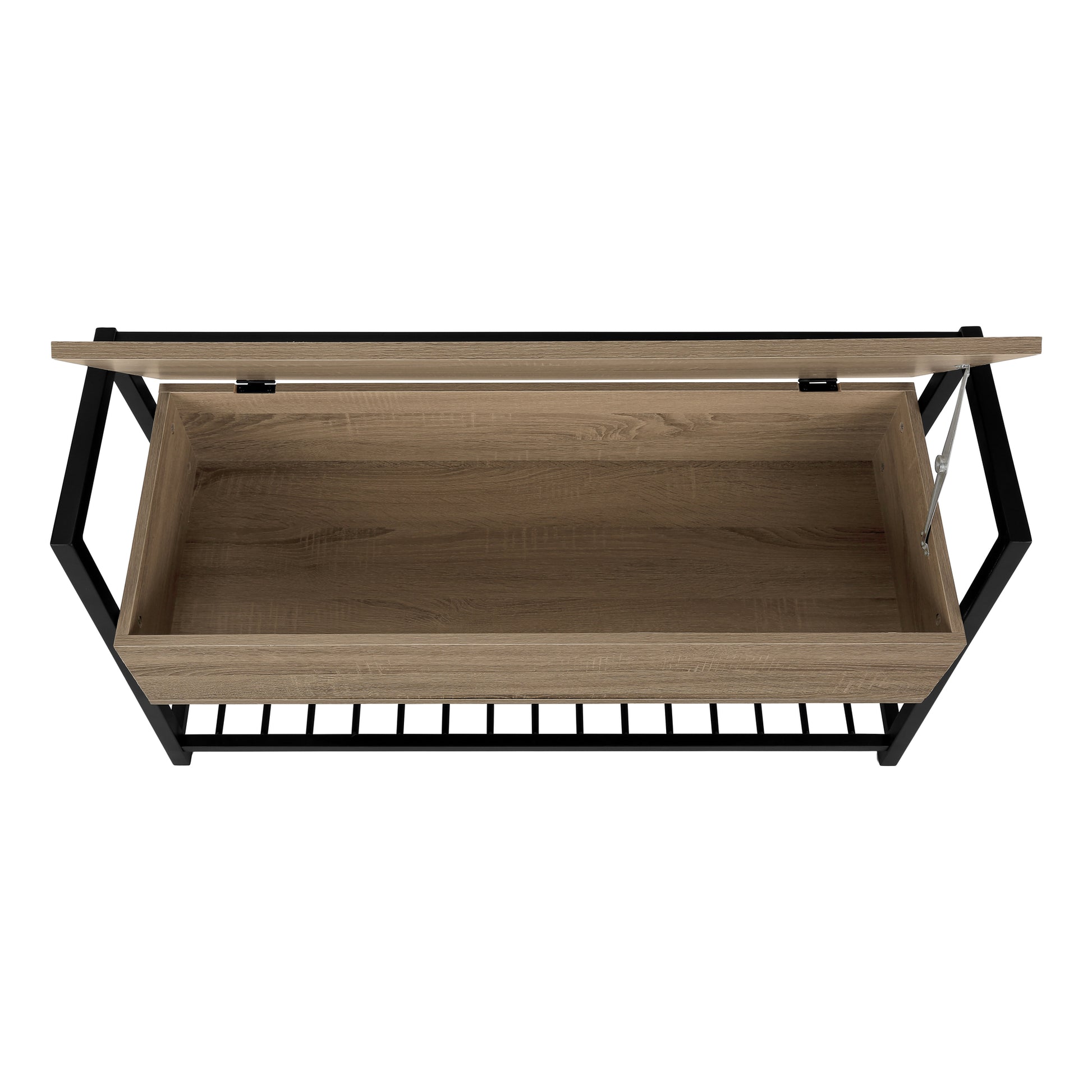 Wooden storage bench with open lifttop and black metal frame