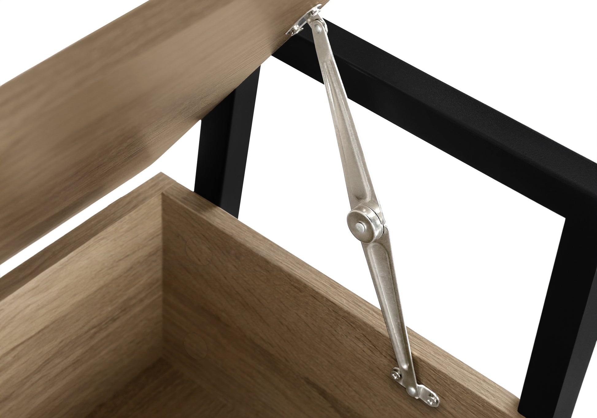Wooden storage chest with a black metal frame and lid support