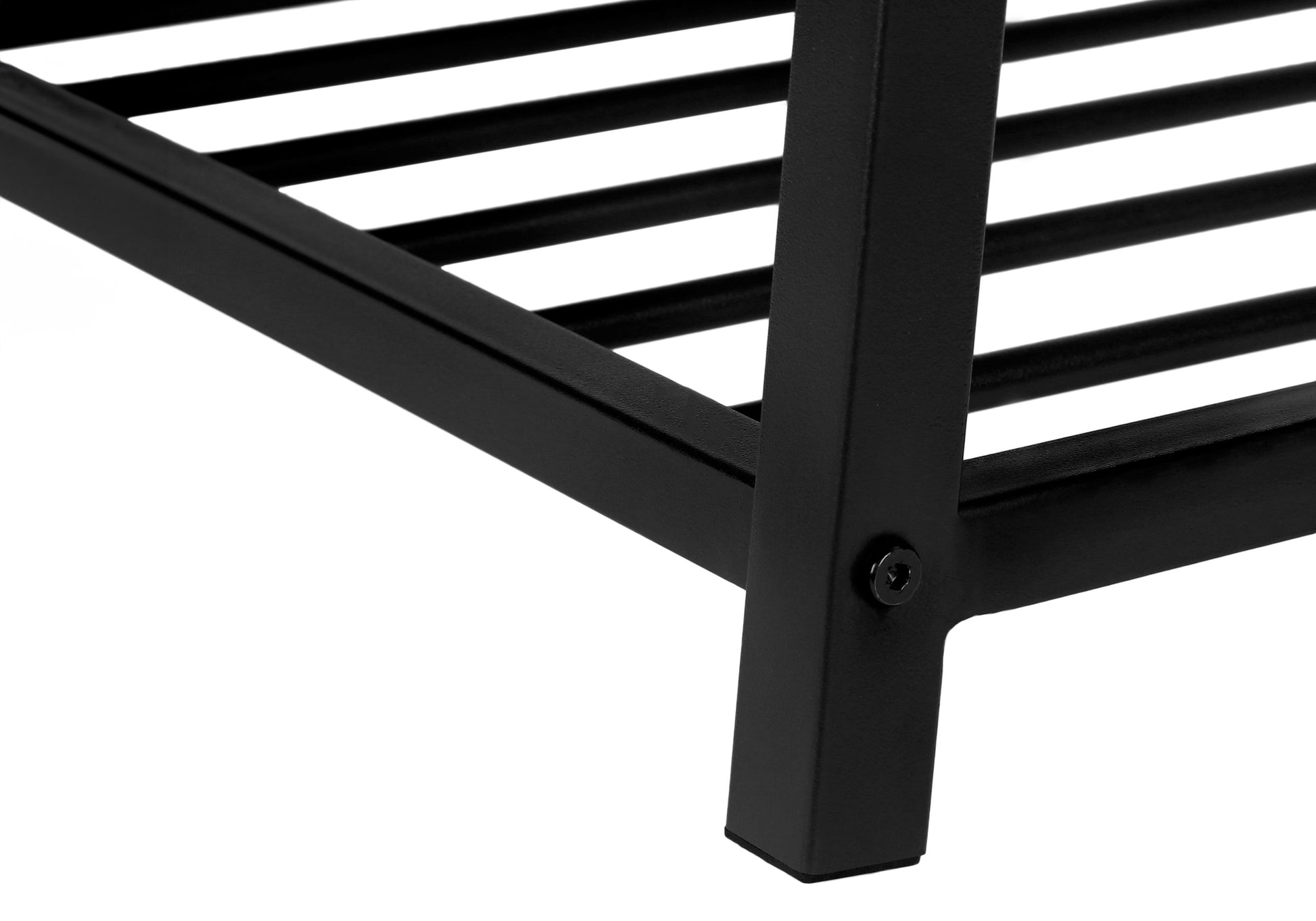 Black metal shoe rack frame with slatted shelves for entryway storage