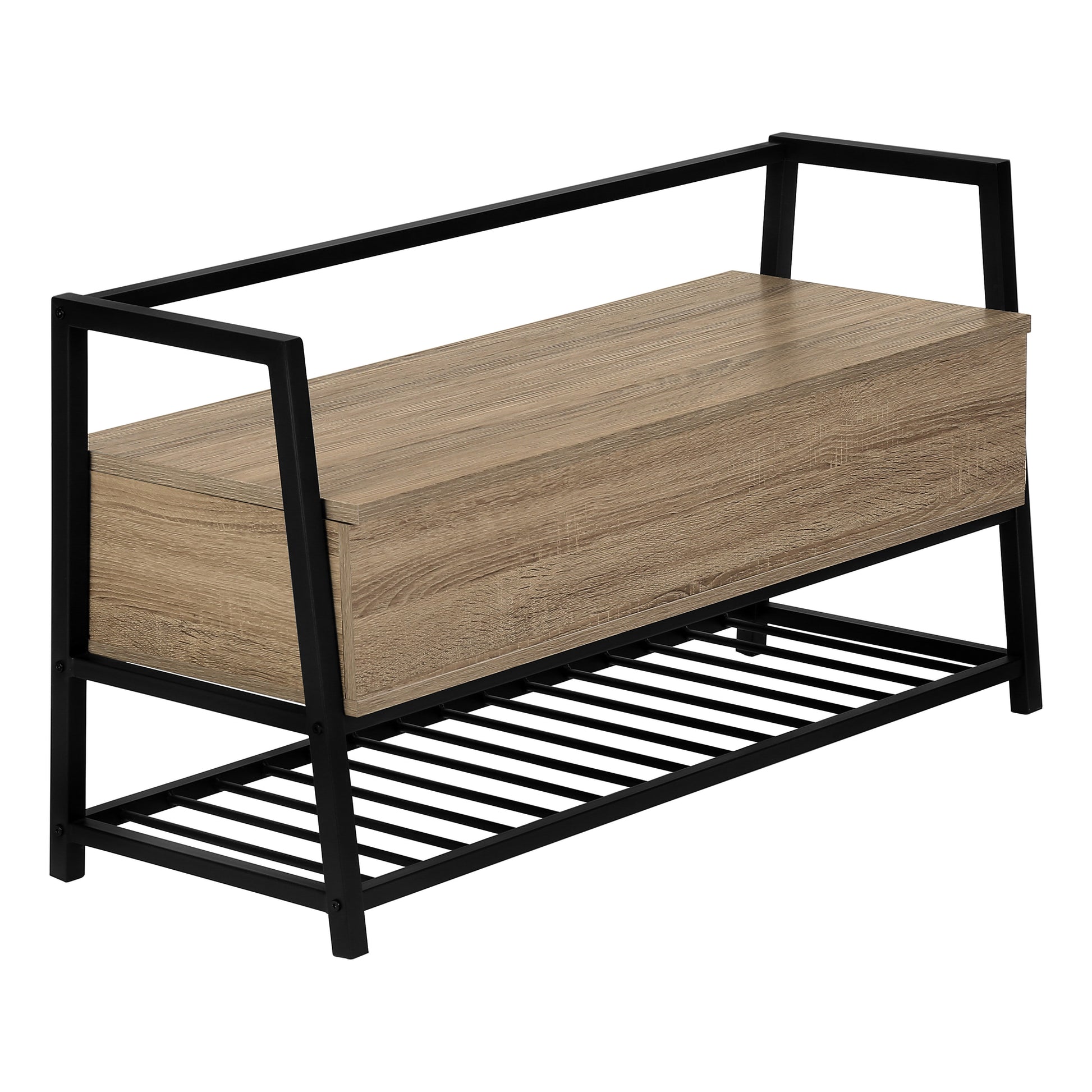 Modern wooden entryway bench with black metal frame and shoe rack