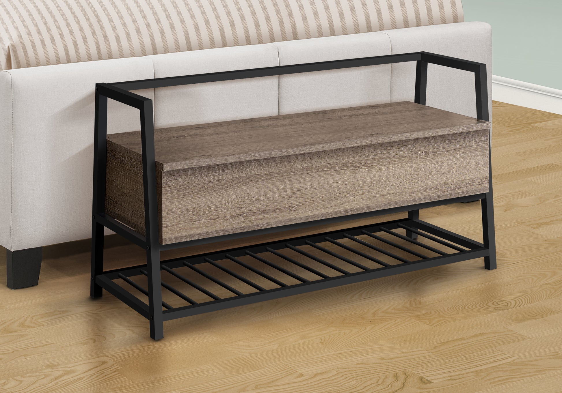 Industrial entryway bench with wood grain drawer and black metal frame