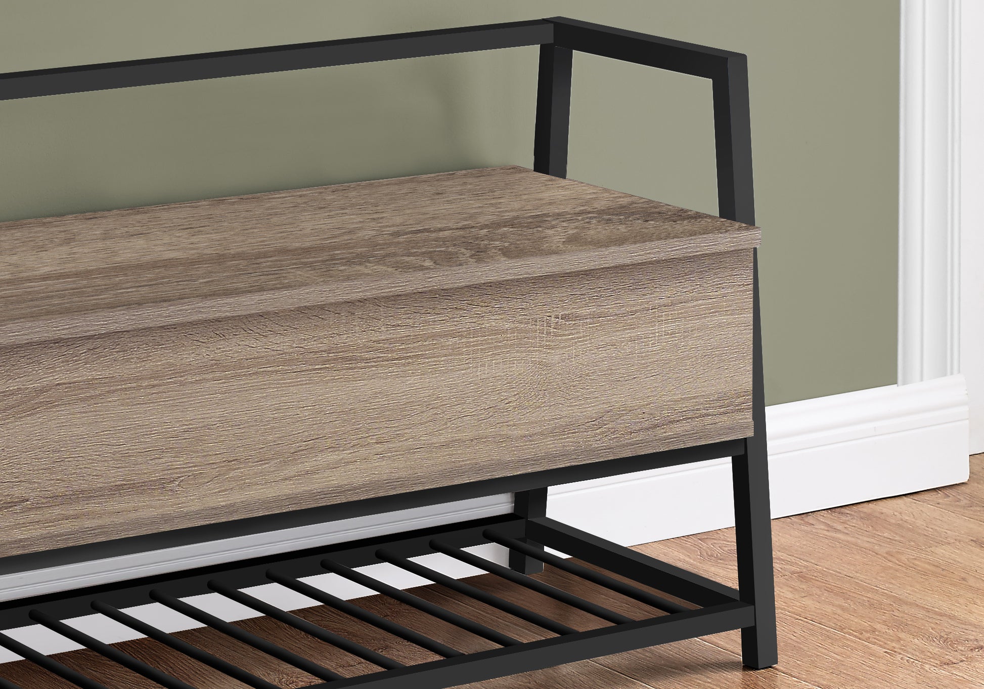 Rustic oak storage bench with black metal frame