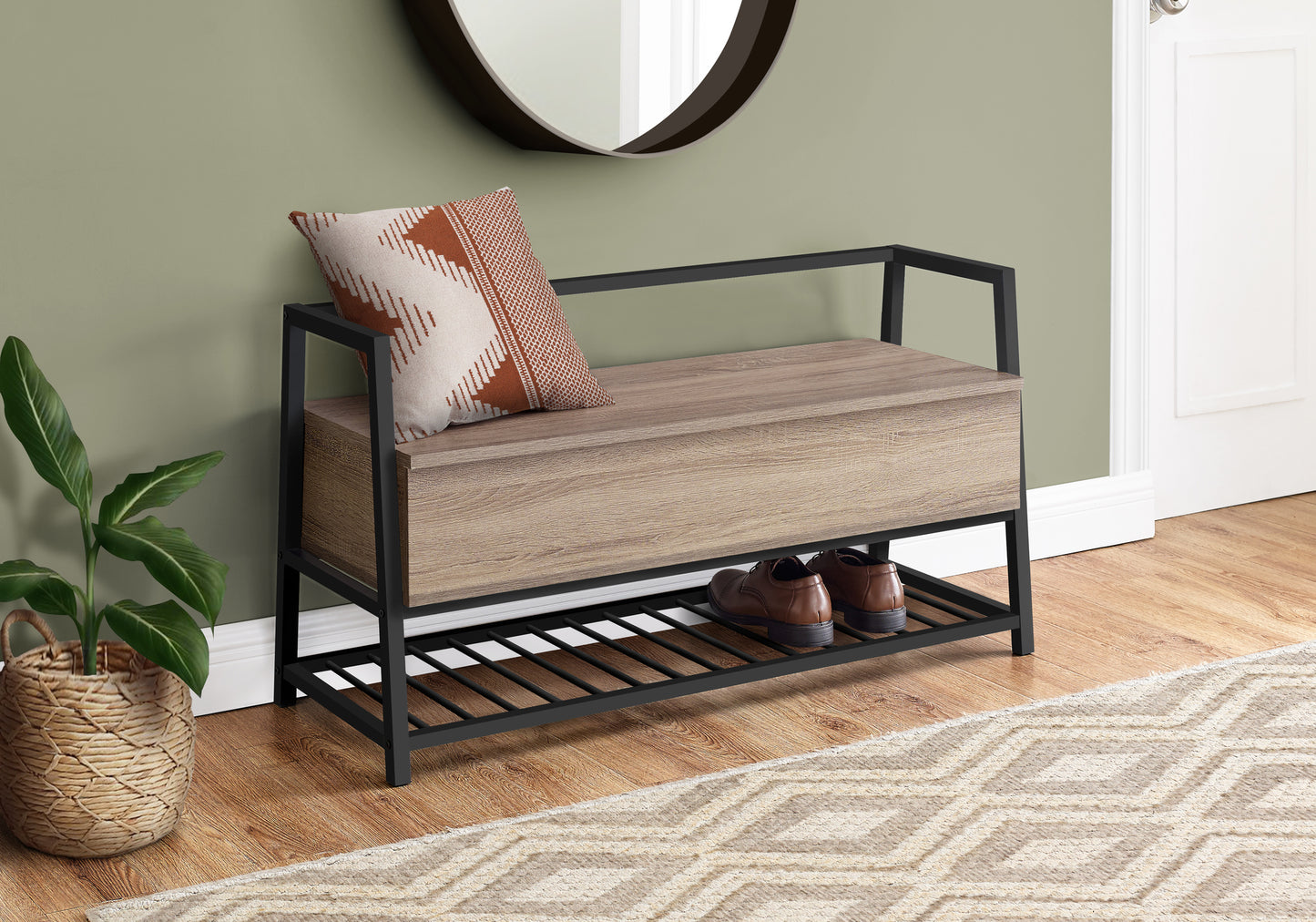 Modern oak shoe bench with metal frame