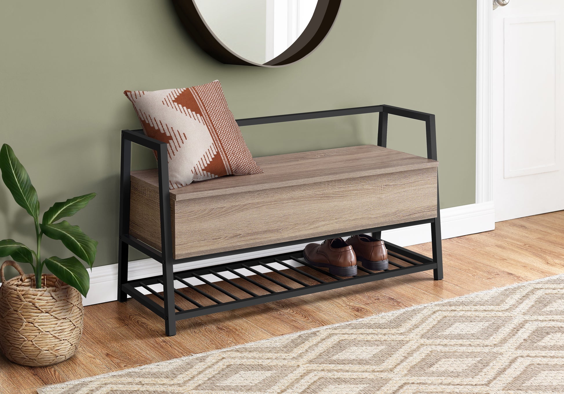 Modern oak shoe bench with metal frame