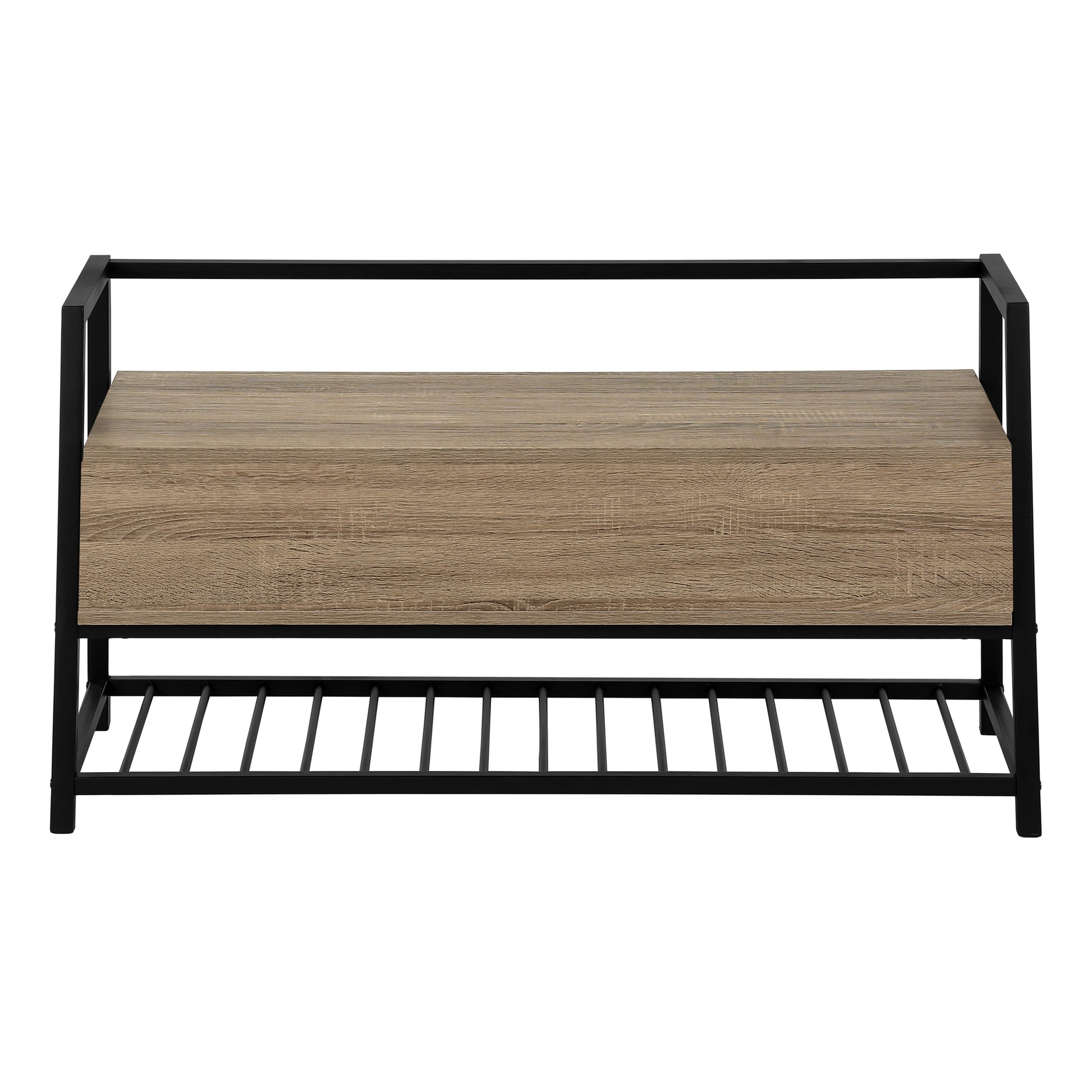 Wooden entryway bench with black metal frame