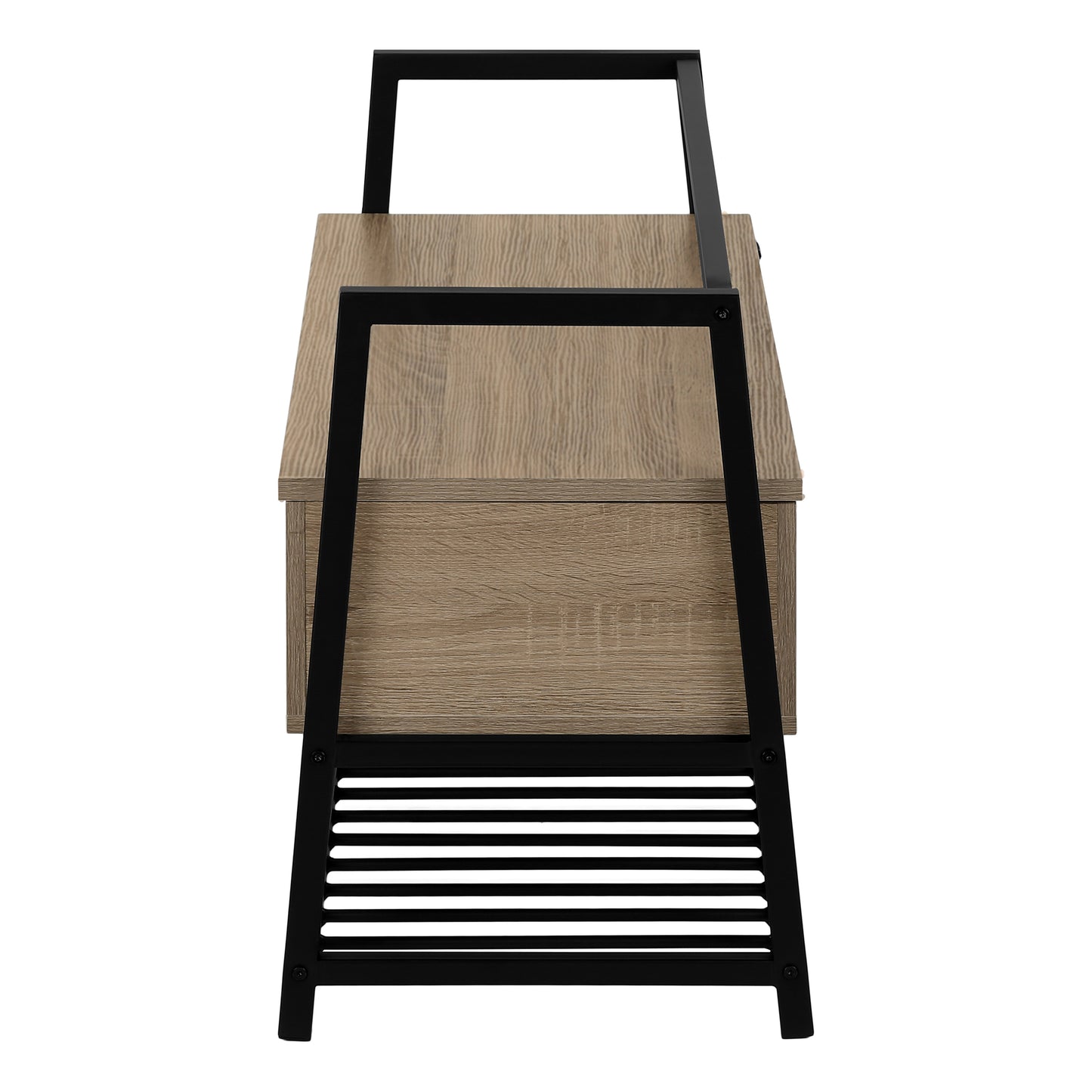 Rustic oak wood nightstand with black metal frame and slatted shelf