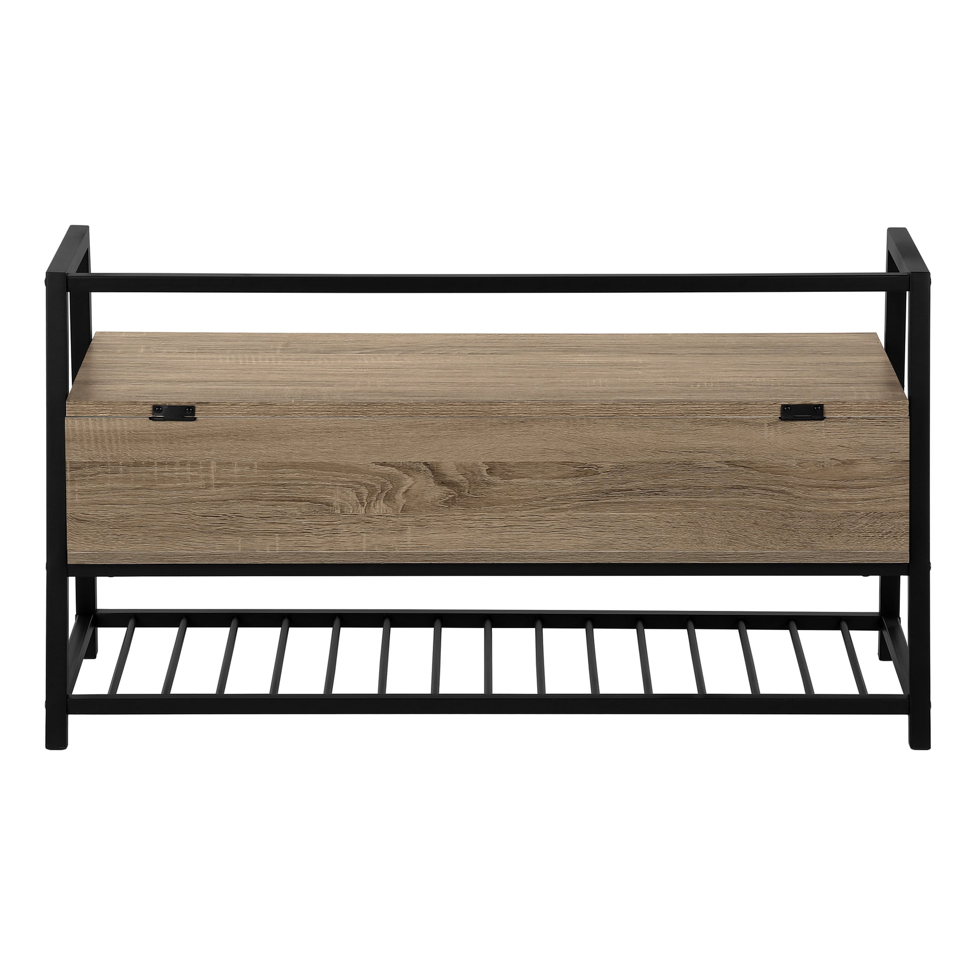 Rustic wood entryway bench with shoe rack and storage