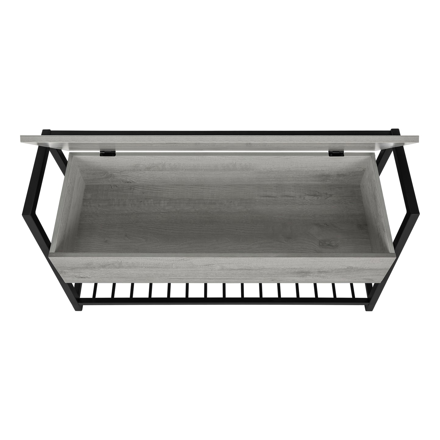 Lifttop grey wood coffee table with black metal frame
