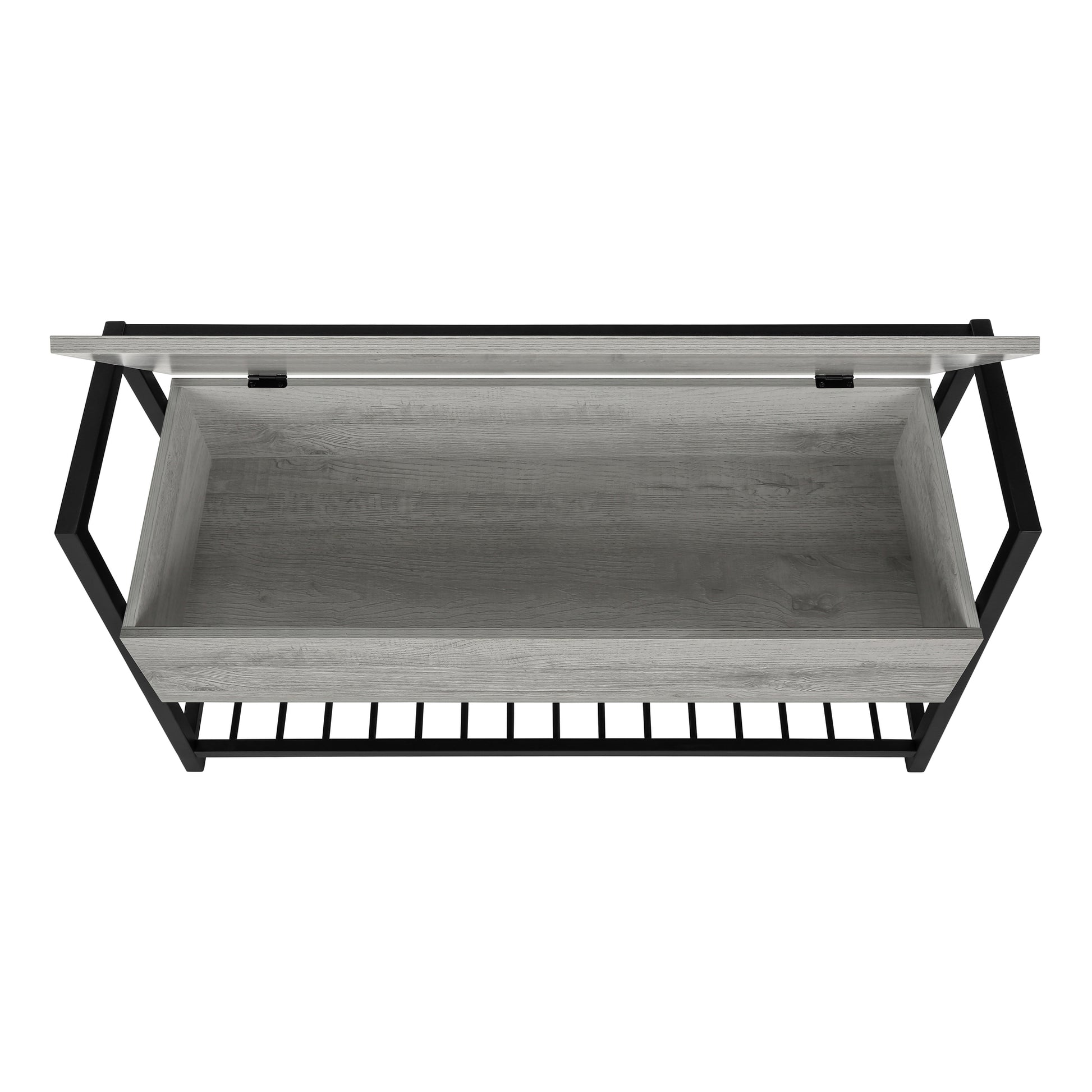 Lifttop grey wood coffee table with black metal frame