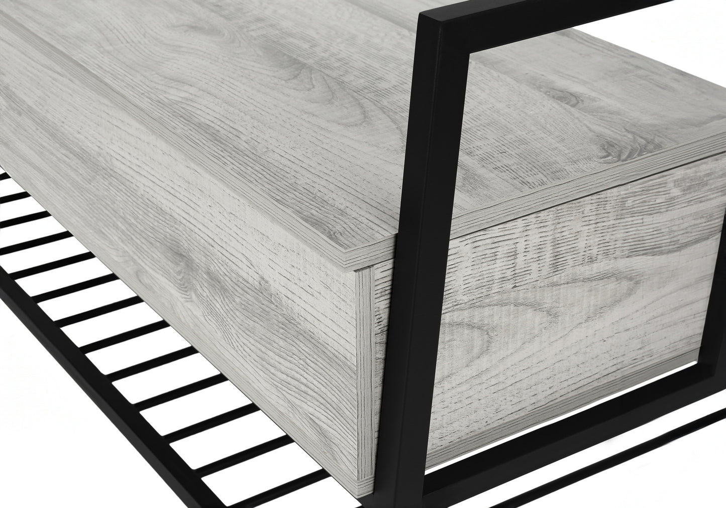 Light grey wood grain drawer with black metal frame