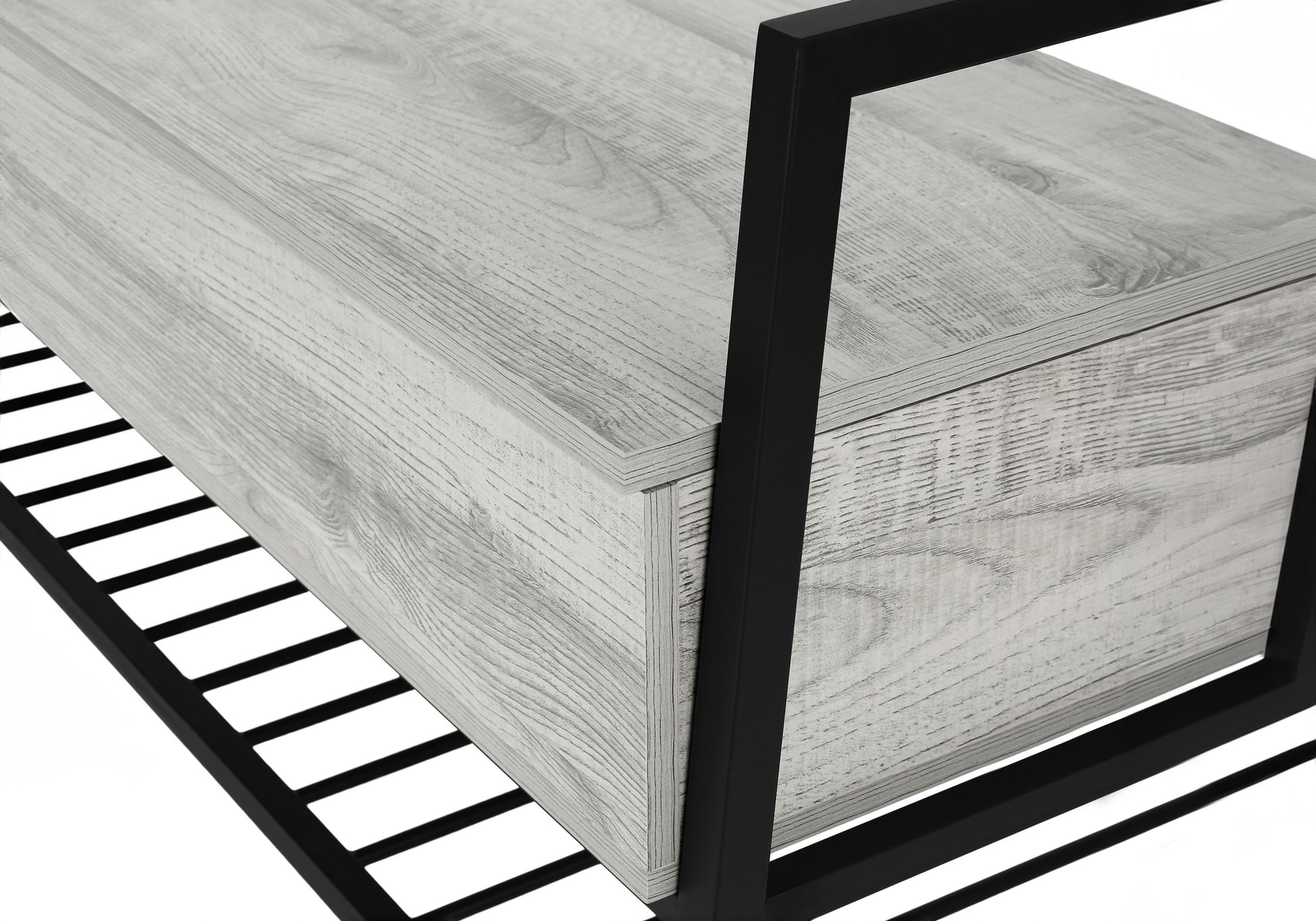 Light grey wood grain drawer with black metal frame