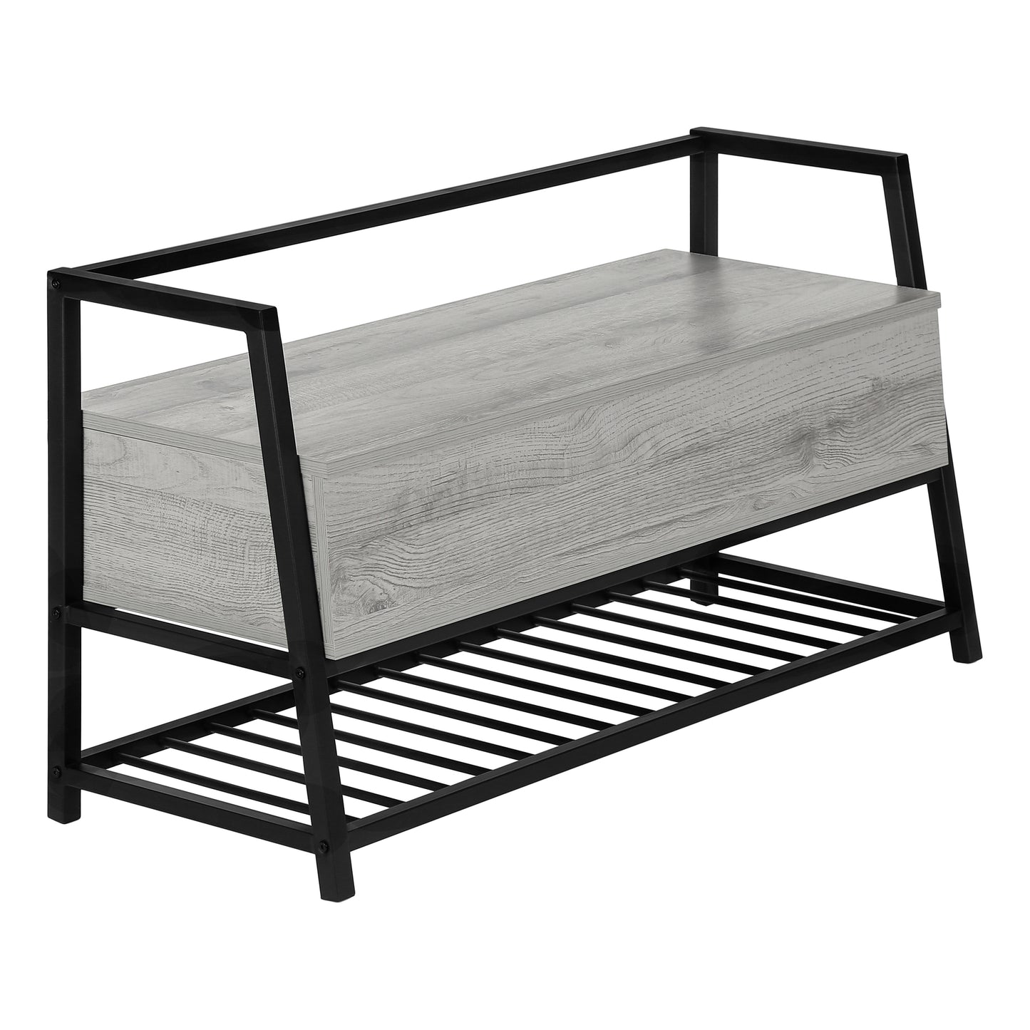 Modern storage bench with light gray wood grain top and black metal frame