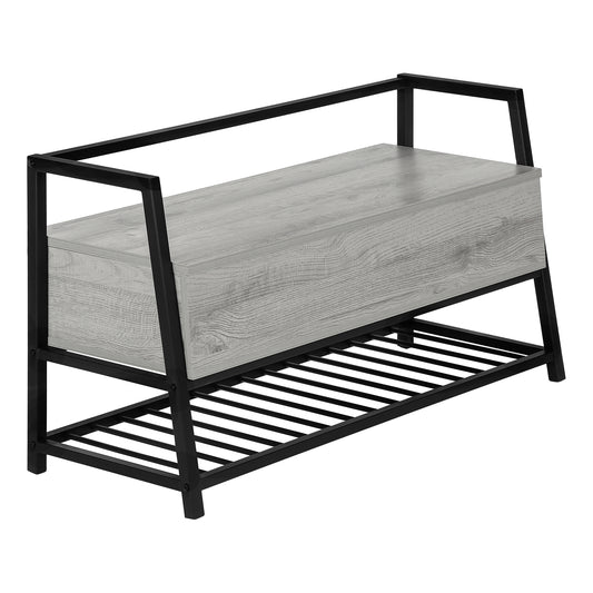 Modern storage bench with light gray wood grain top and black metal frame