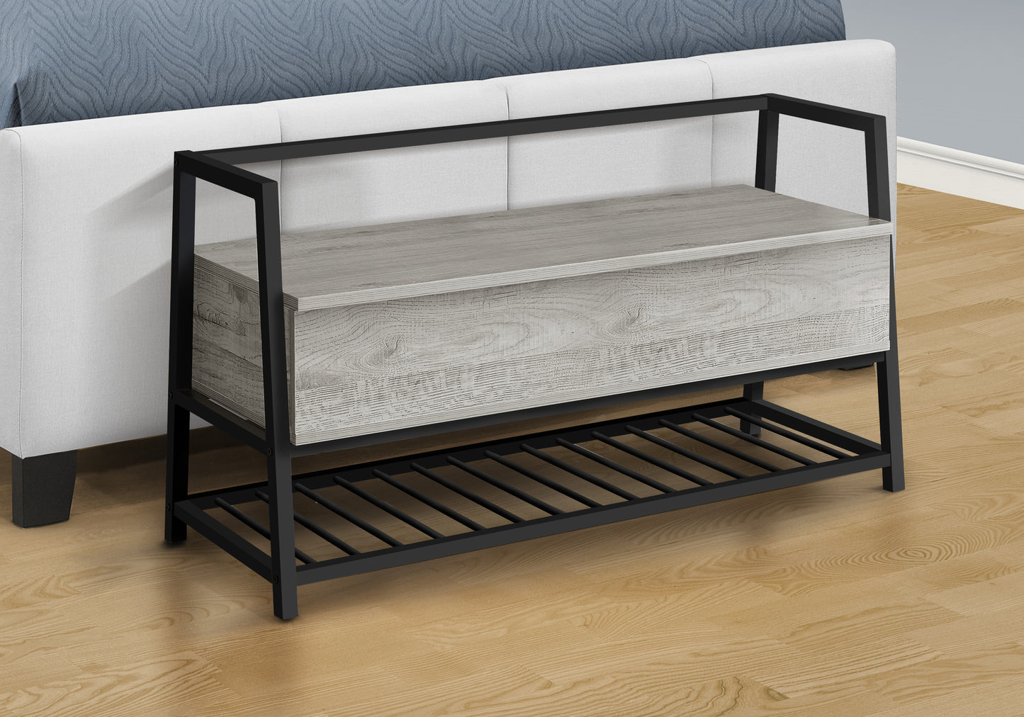 Rustic grey wood storage bench with black metal frame and shoe rack