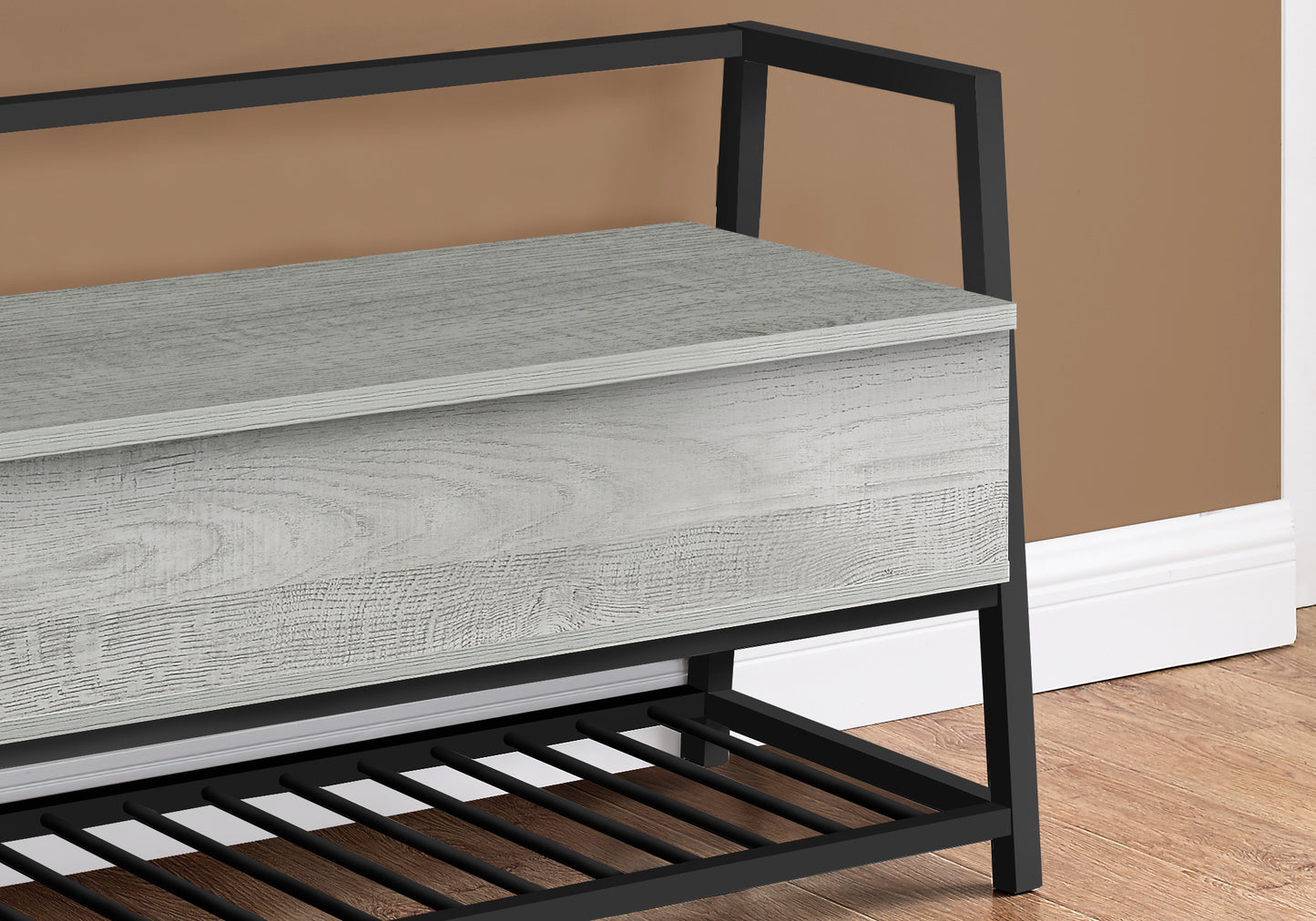 Modern grey wood bench with black metal frame