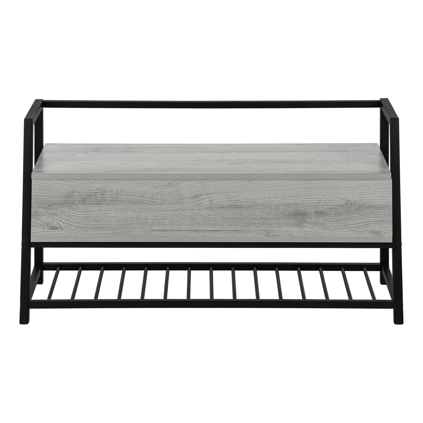 Grey wood grain entryway bench with black metal frame and shoe rack
