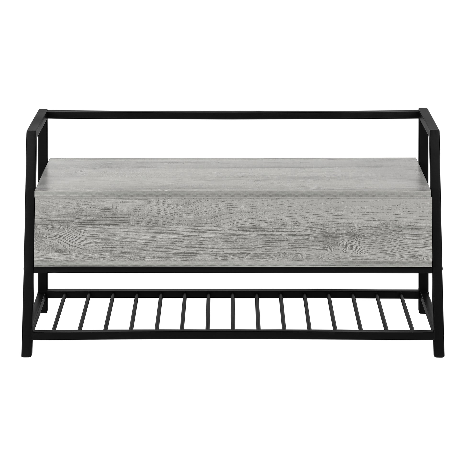 Grey wood grain entryway bench with black metal frame and shoe rack
