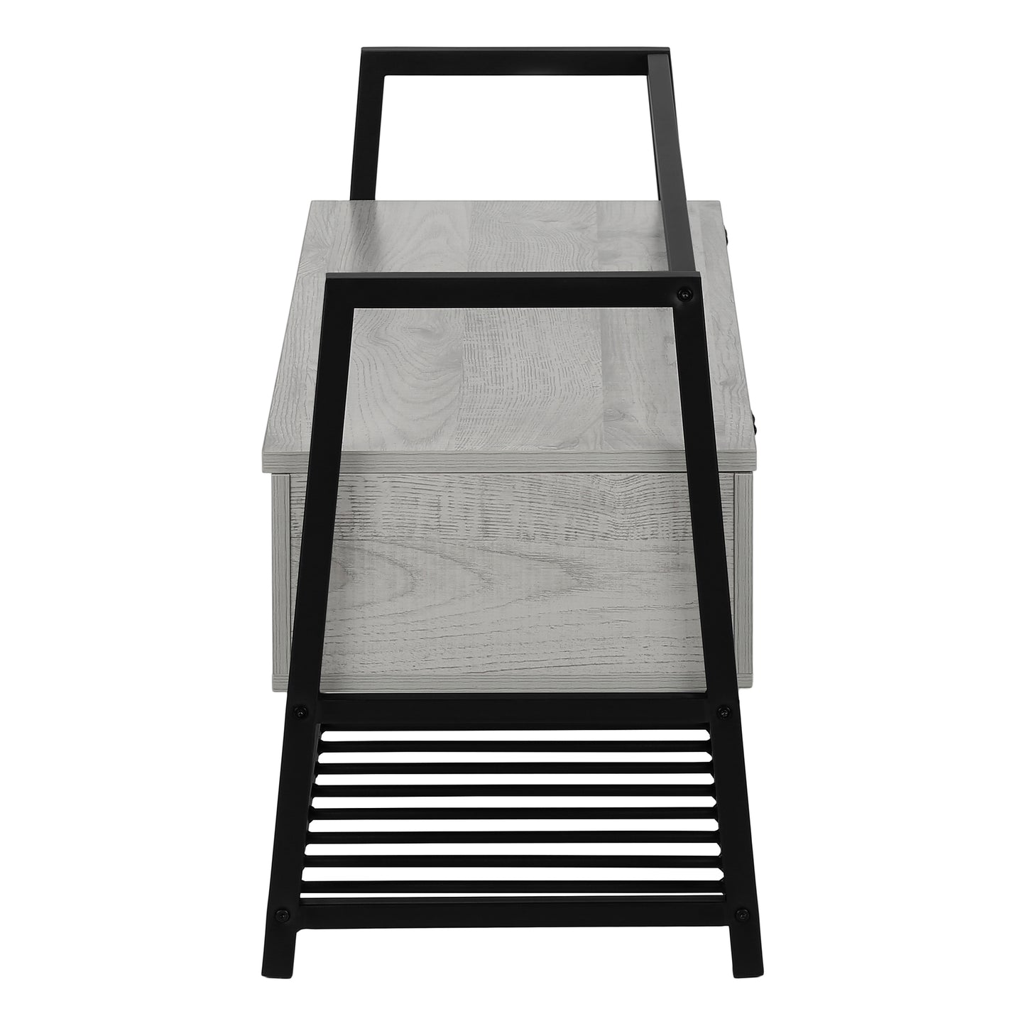 Modern grey wood nightstand with black metal frame and slatted base