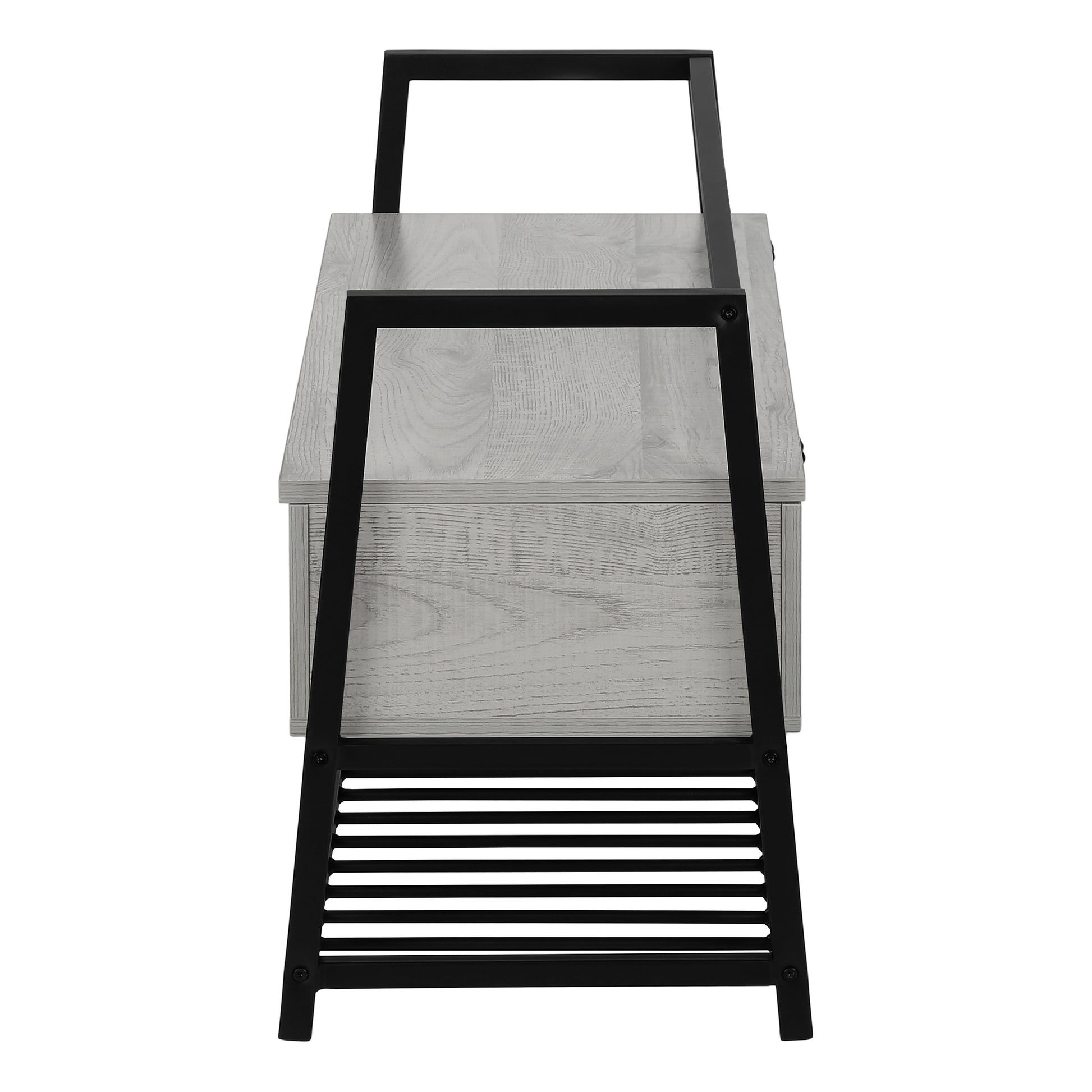 Modern grey wood nightstand with black metal frame and slatted base