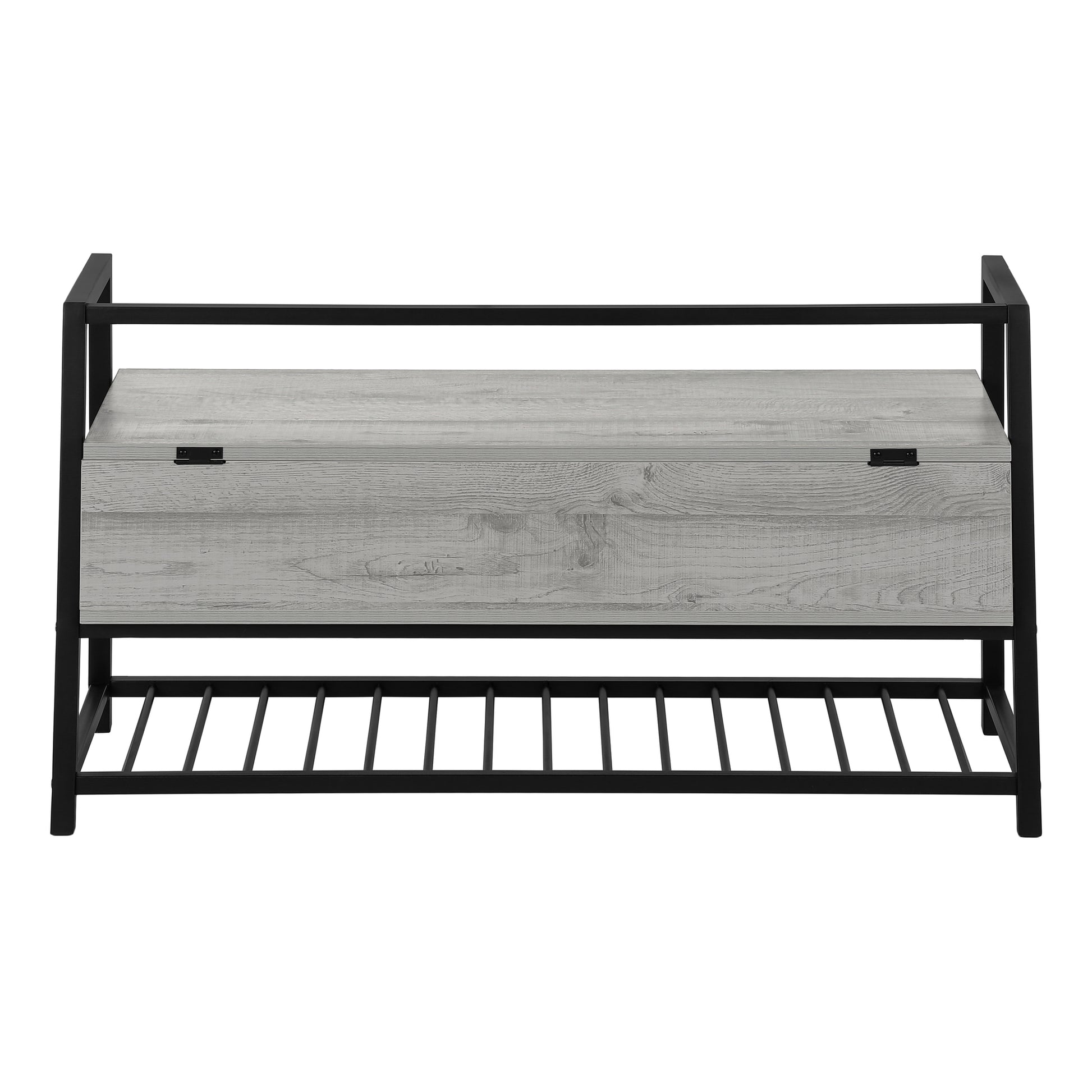 Grey wood storage bench with black metal frame and slatted shoe rack