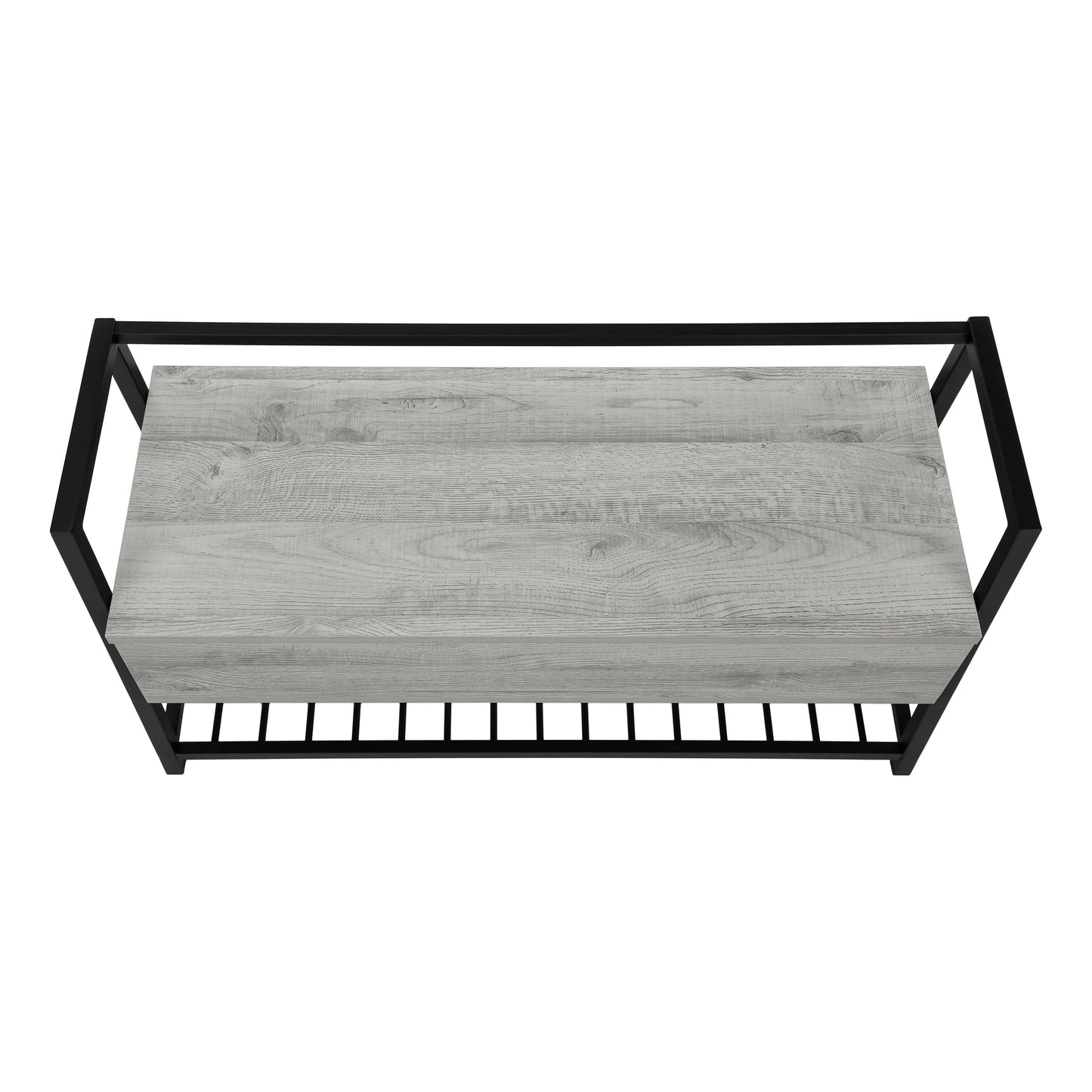 Modern entryway bench with gray wood top and black metal frame