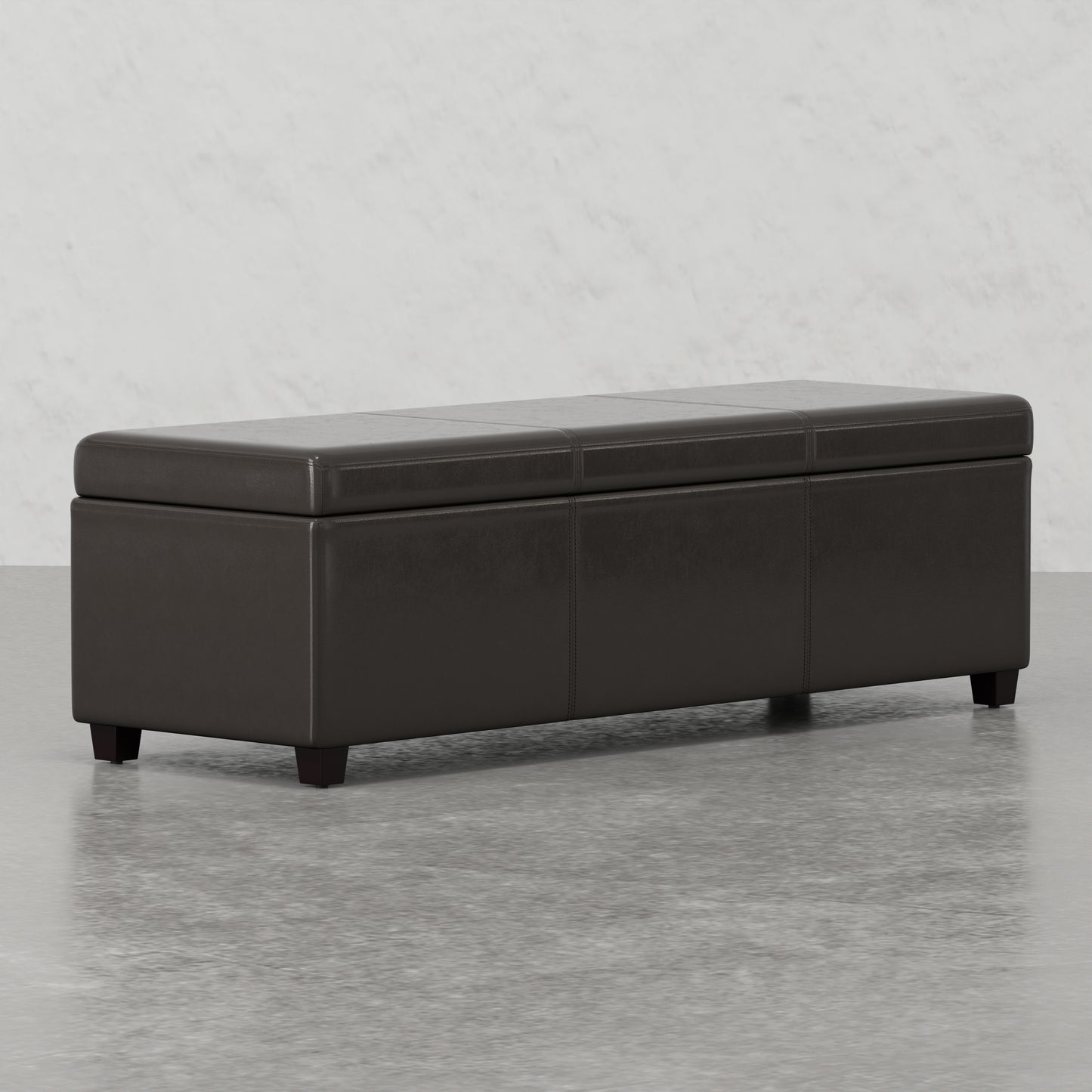 Dark brown faux leather storage bench with clean lines