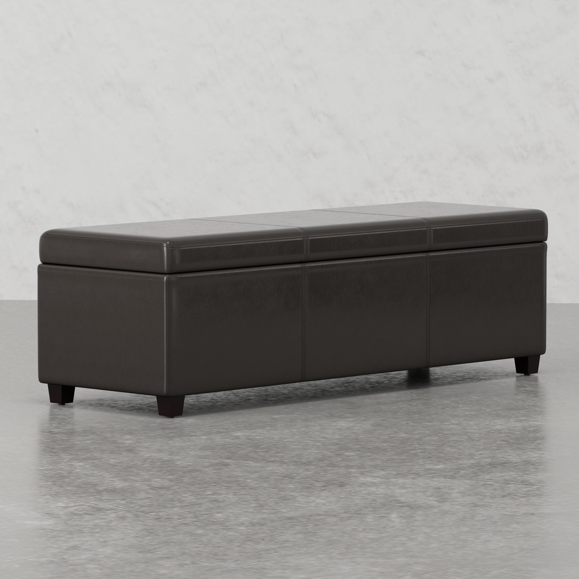Dark brown faux leather storage bench with clean lines