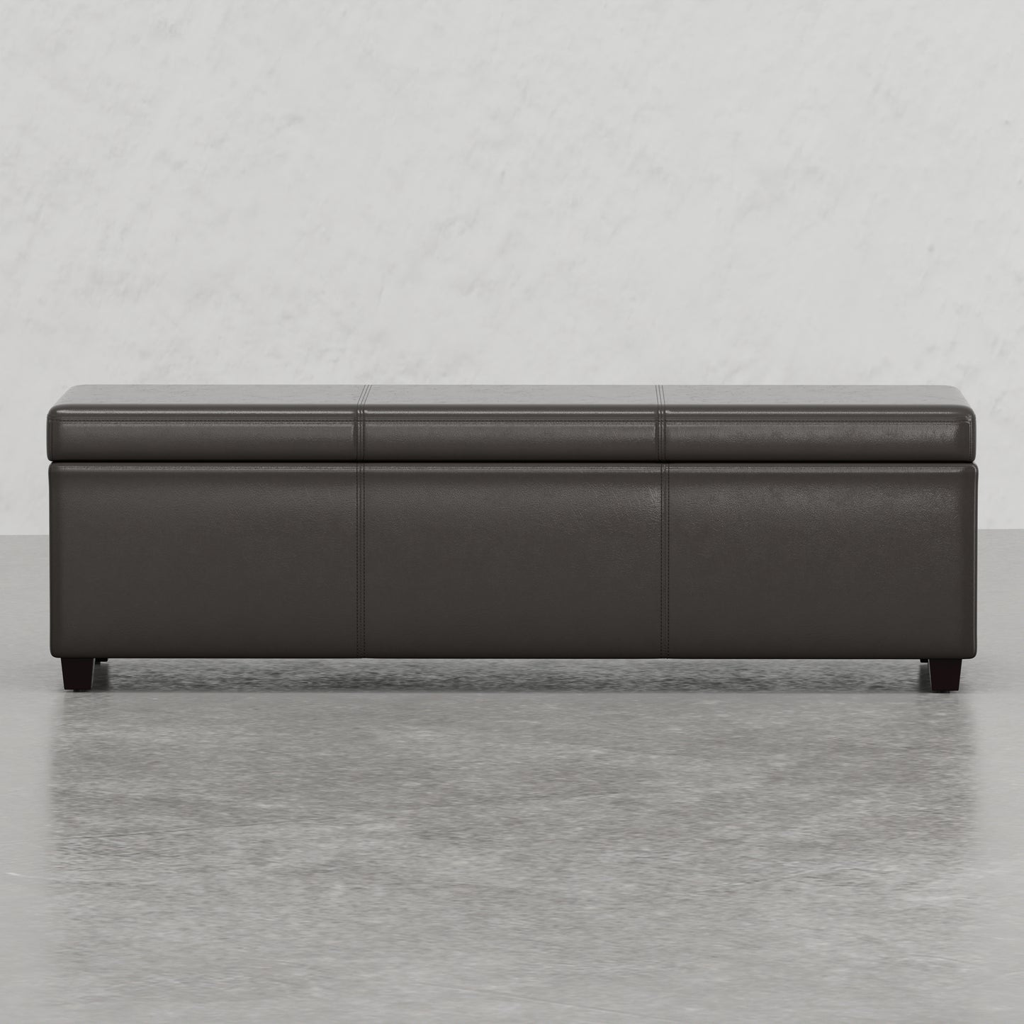 Dark brown leather storage ottoman with button tufted top and wooden legs