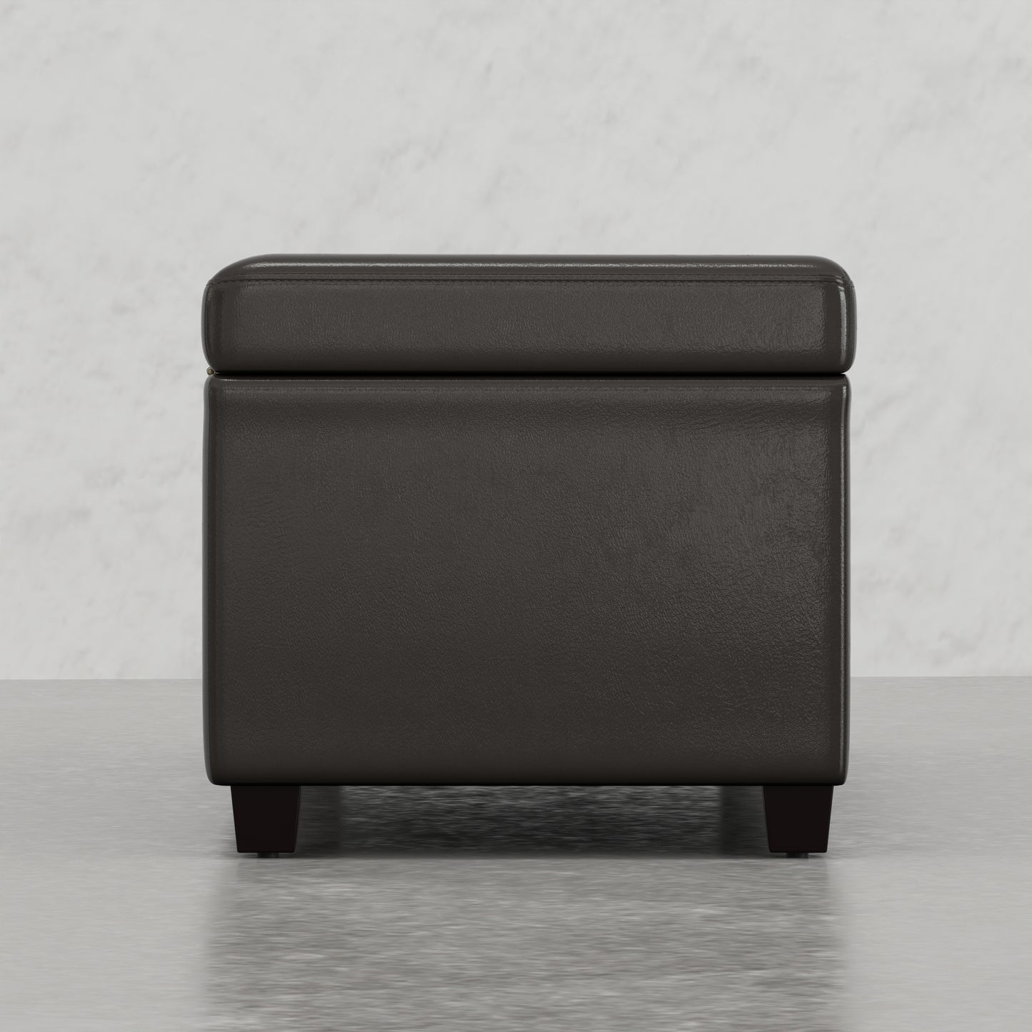 Dark brown leather storage ottoman with clean lines and short wooden legs
