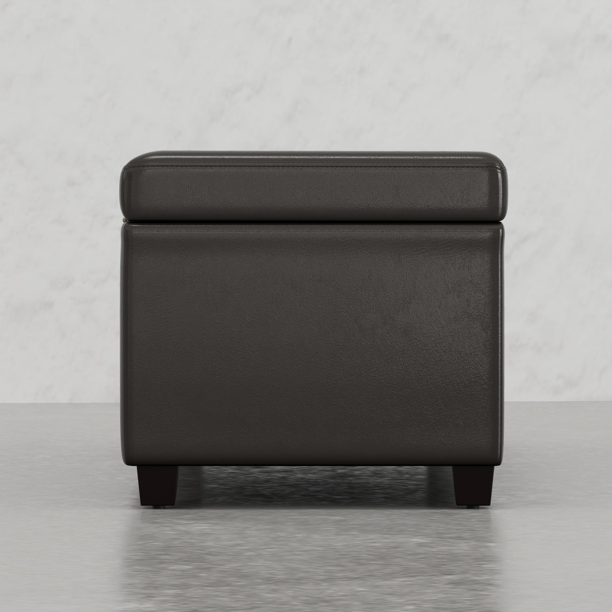 Dark brown leather storage ottoman with clean lines and short wooden legs