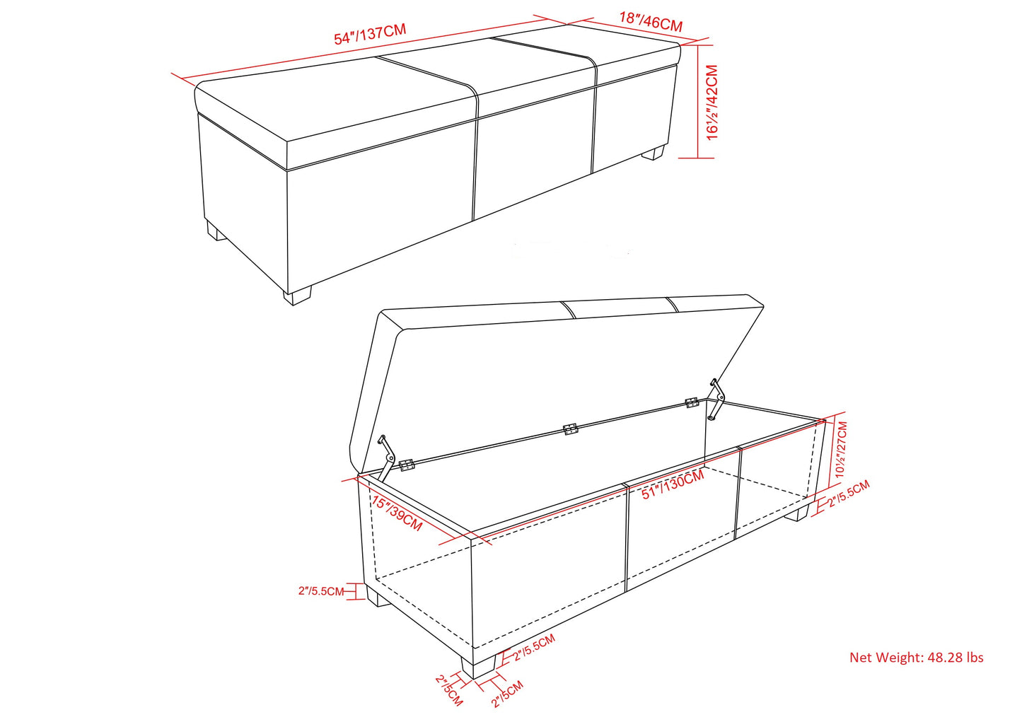 Storage ottoman with hinged lid and interior dimensions of  L x  W x  H