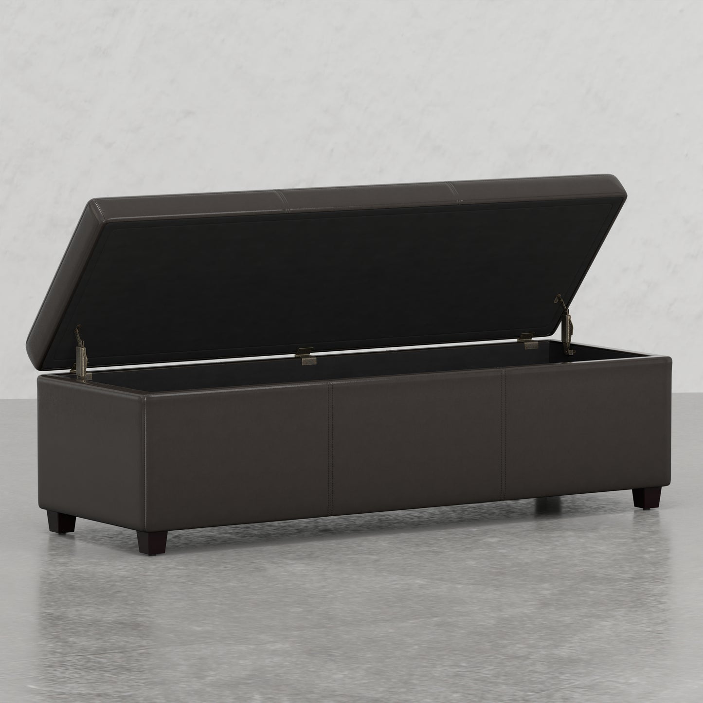 Dark brown faux leather storage bench ottoman with lid open